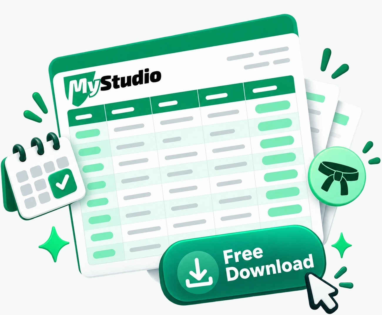 MyStudio seasonal promotion calendar spreadsheet with a Free Download button, a calendar, and a black belt icon