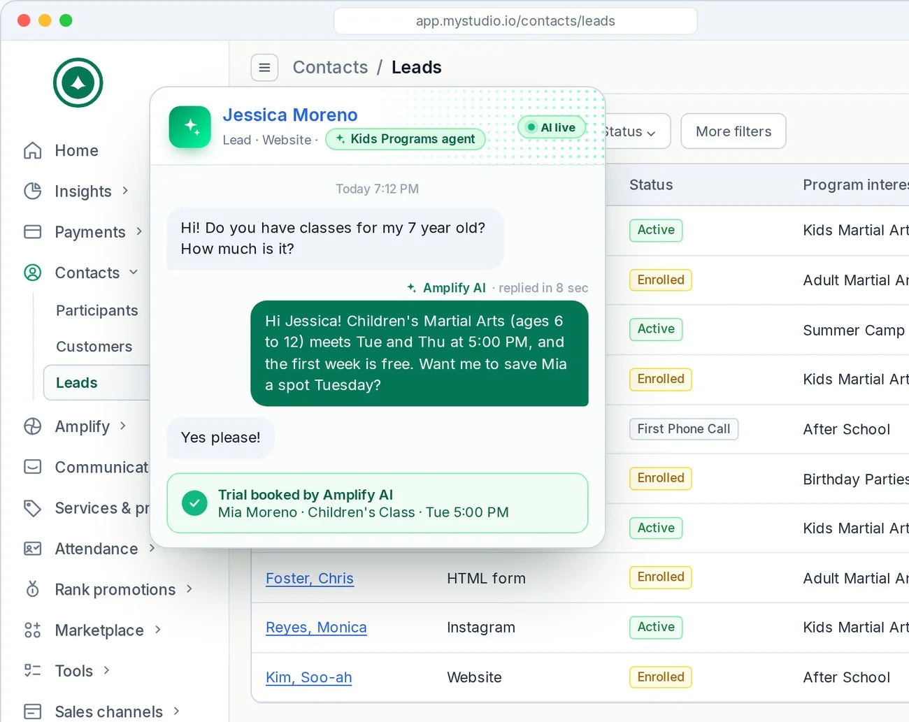 Amplify AI replying to a parent's text in 8 seconds and booking a kids martial arts trial class
