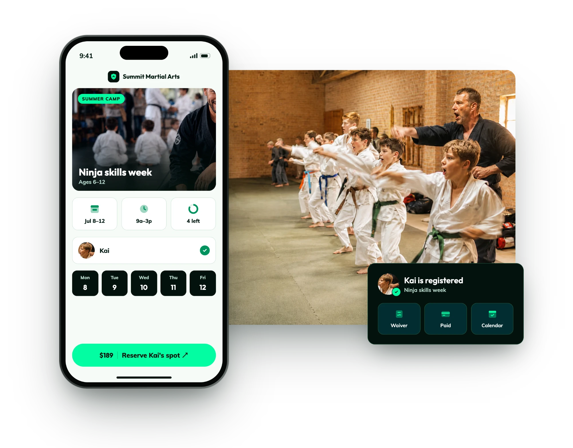MyStudio member app showing a parent reserving a child's spot in a summer camp week, with waiver, payment, and calendar confirmed