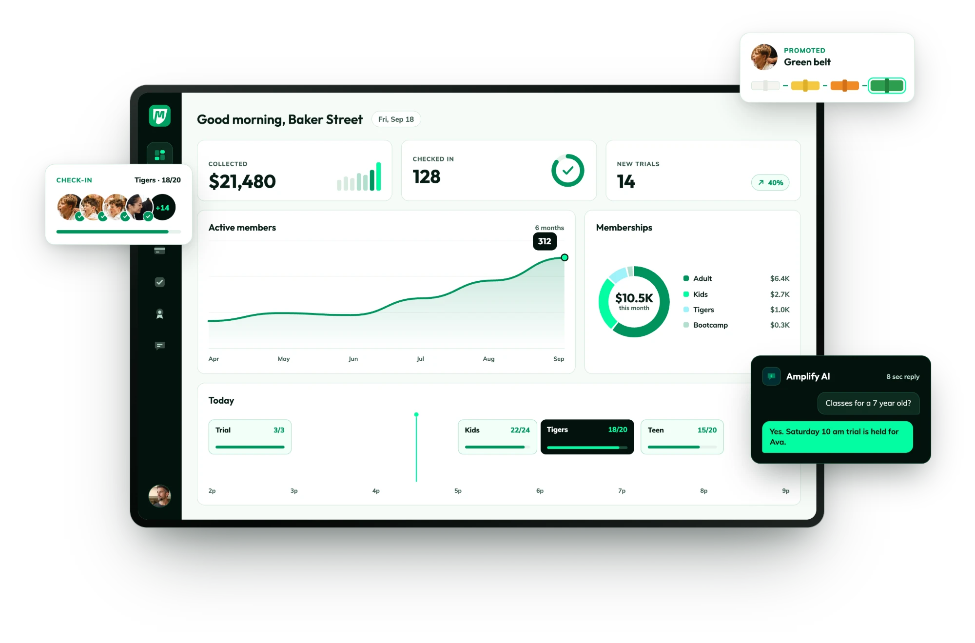 MyStudio dashboard showing collections, check-ins, new trials, active member growth, membership revenue, and today's classes, with check-in, belt promotion, and Amplify AI cards around it