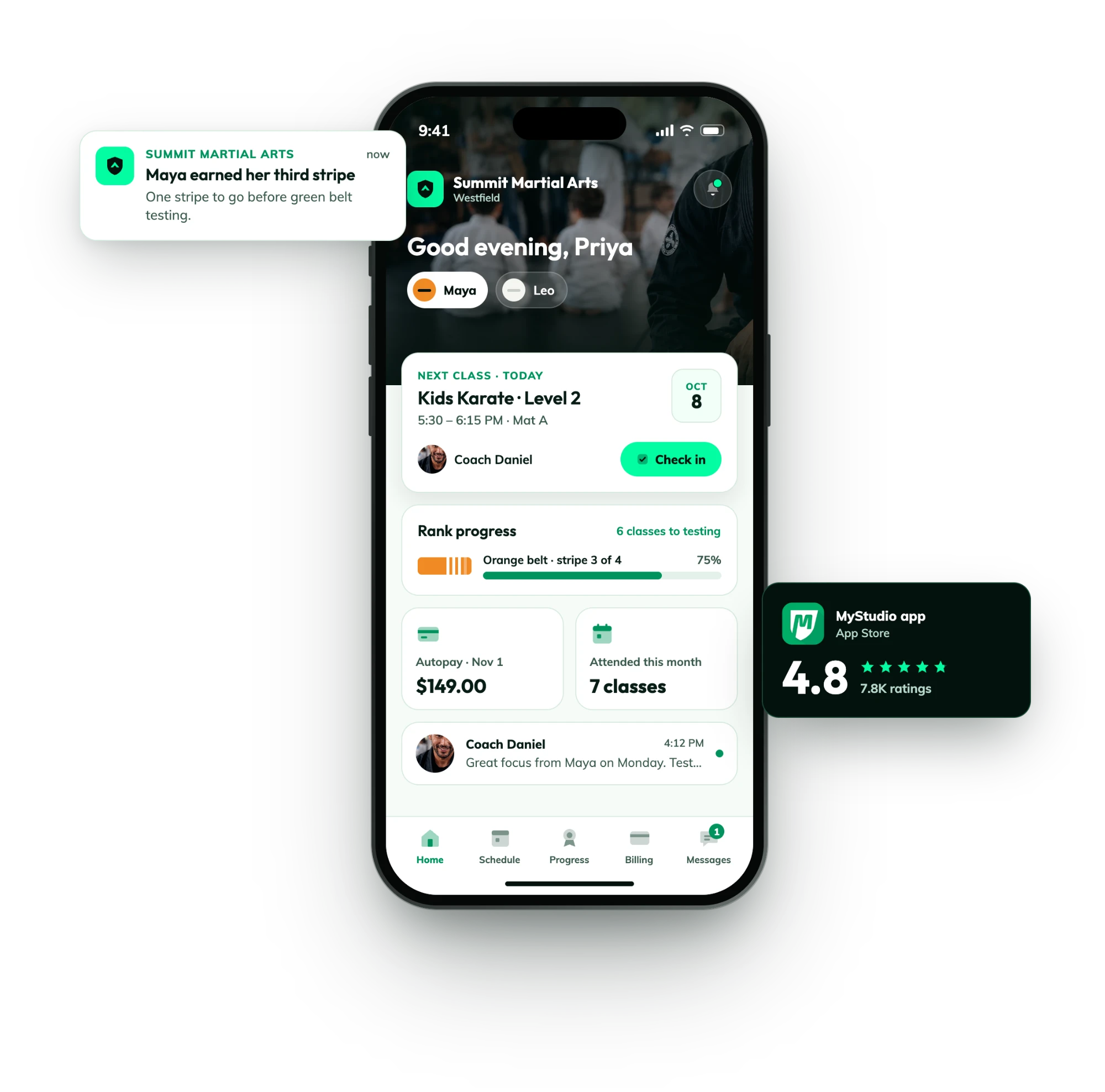 MyStudio member app home screen for a parent switching between two children, with next class check-in, rank progress, autopay, attendance, a coach message, a belt stripe notification, and the 4.8-star App Store rating