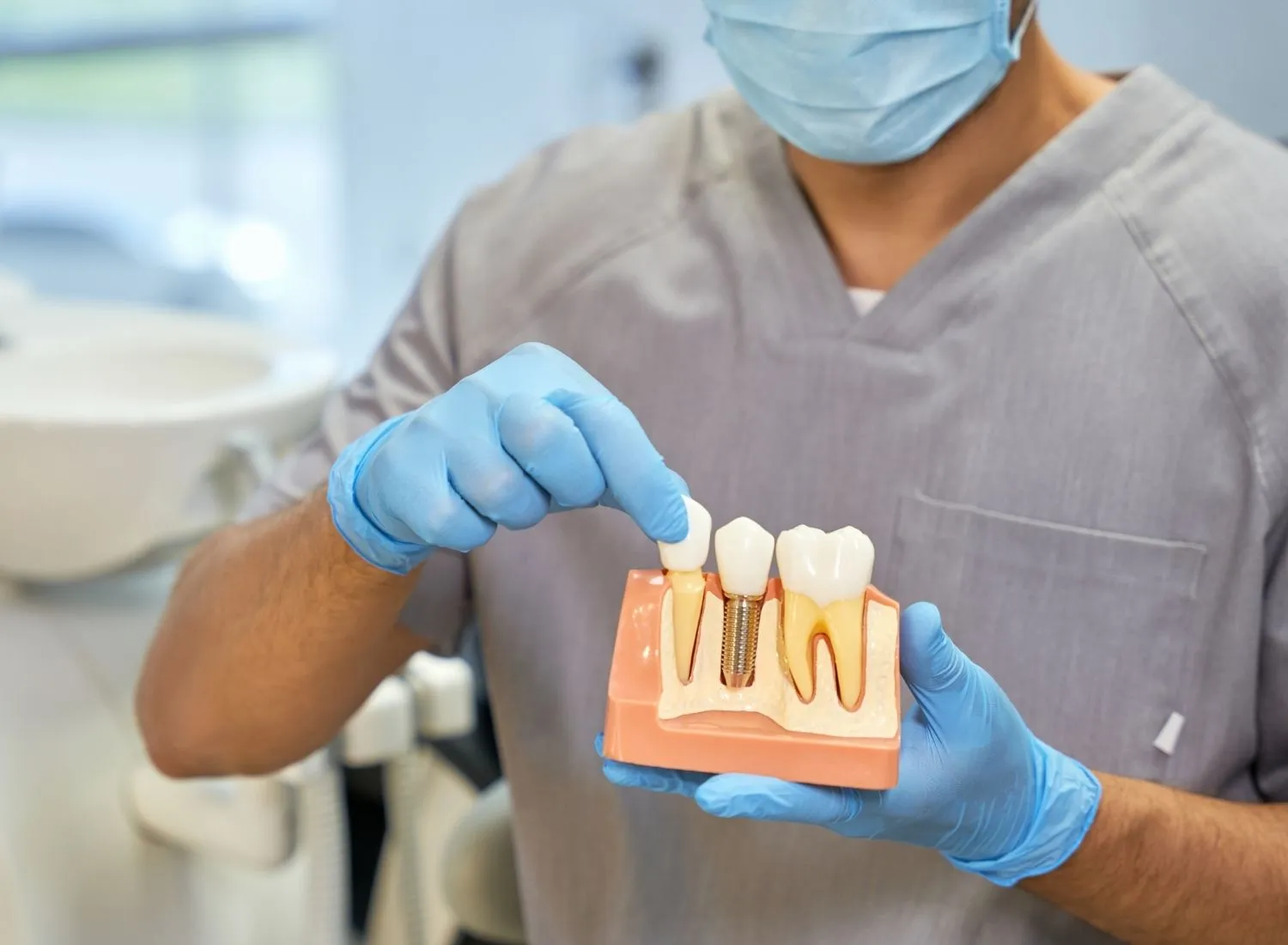 Dentist in gray scrubs holding dental tooth model showing natural tooth and implant.