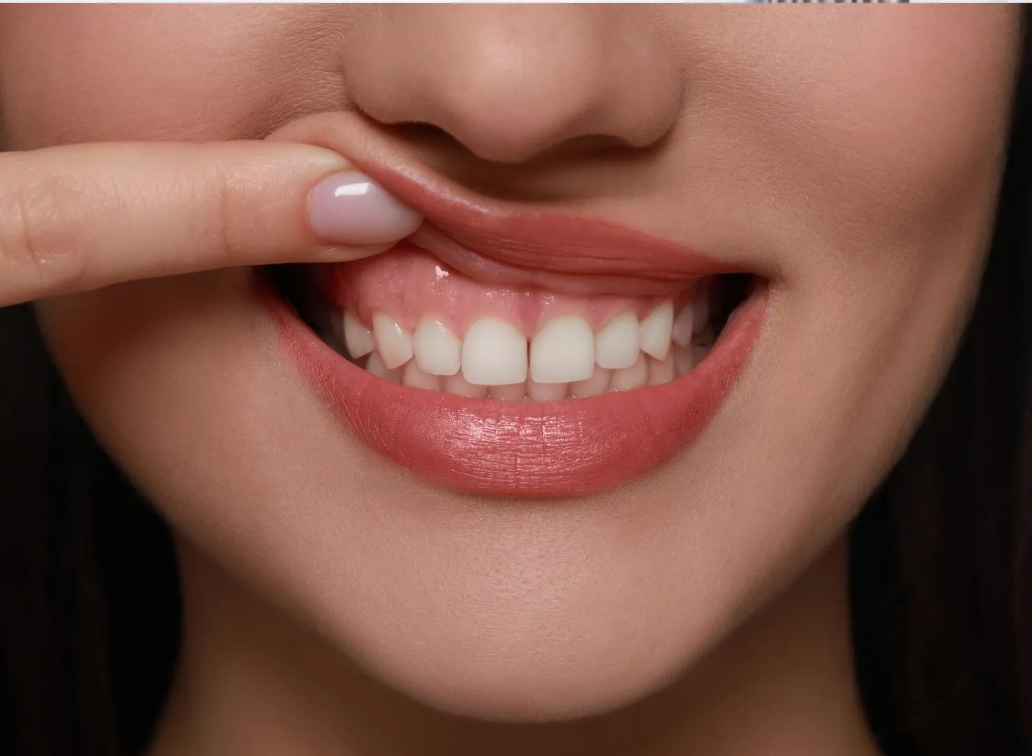 Close-up of a person lifting their upper lip to show healthy teeth and gums.