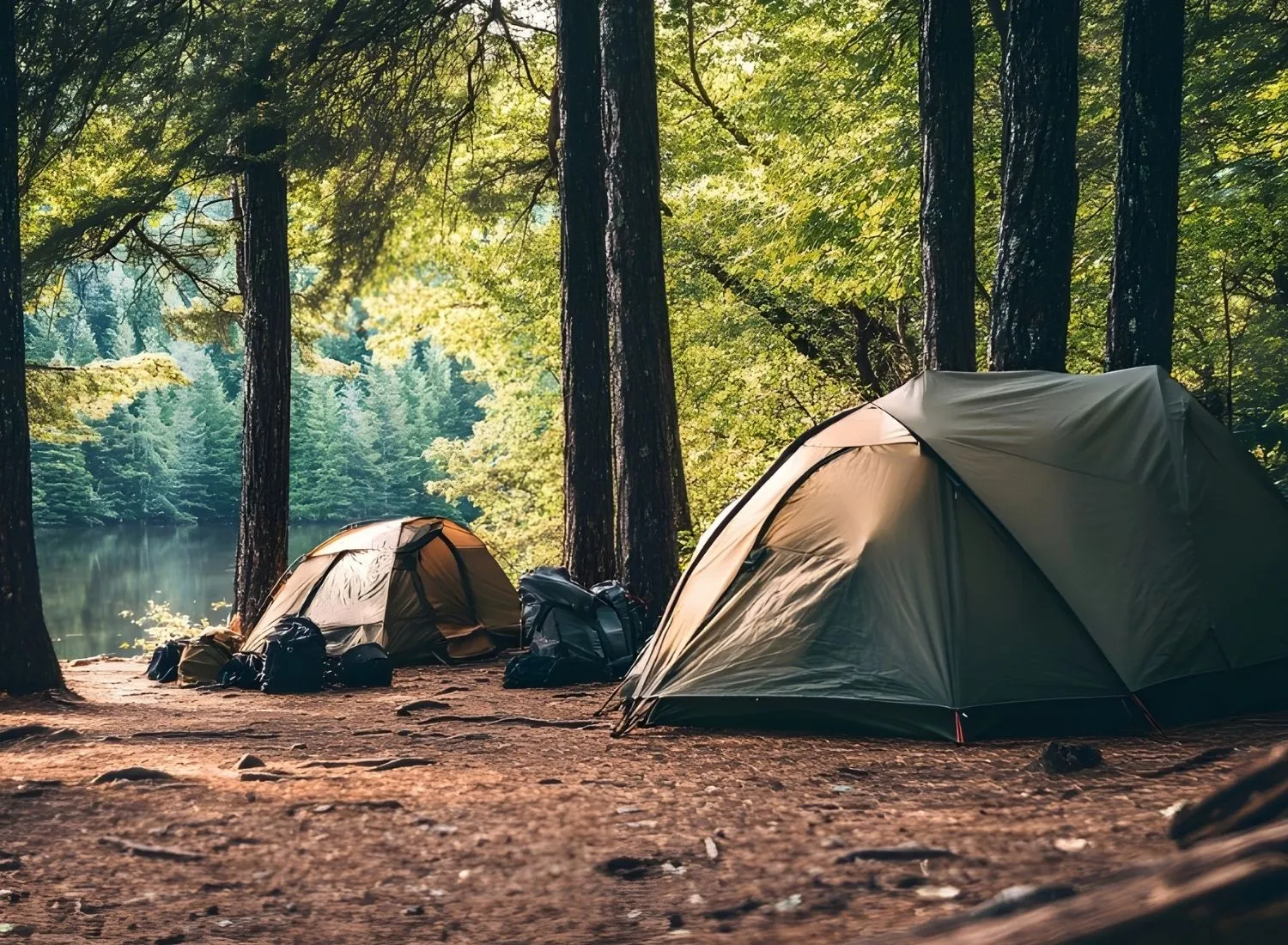 Two tents set up in a forest near a calm lake surrounded by trees and backpacks on the ground.