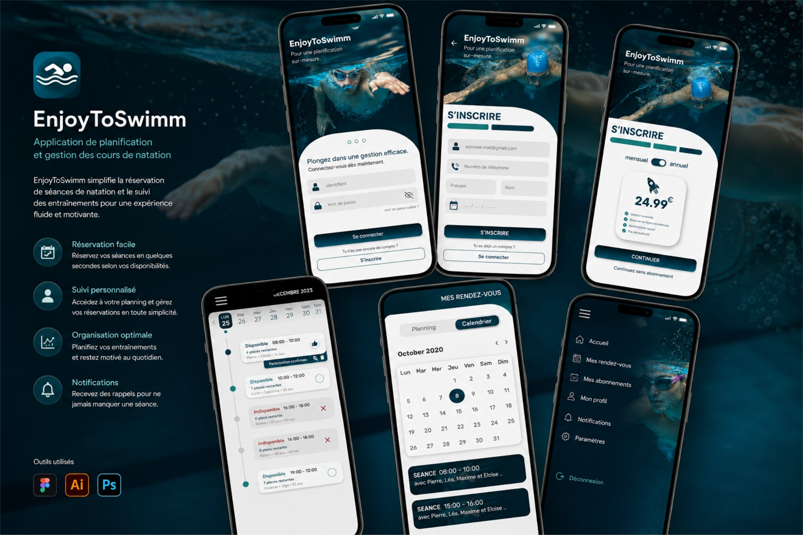 Interface mobile de l'application Enjoytoswimm conçue sur Figma 