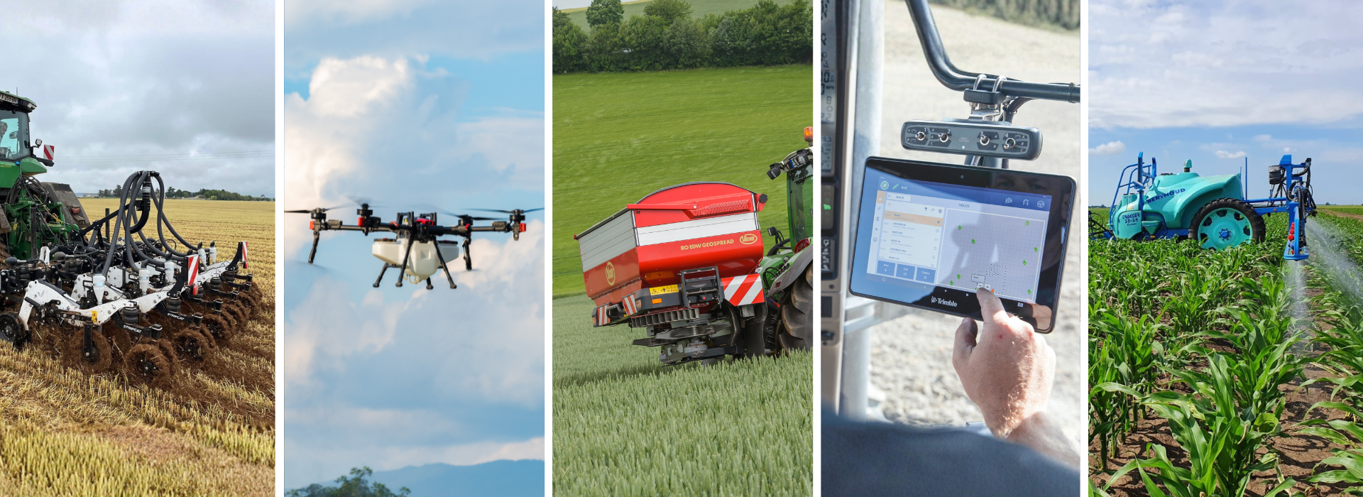 Imagine compusă din cinci imagini verticale: primul un tractor cu tastatură de plug pe un câmp de cereale; al doilea un dron agricultură zburând pe cer cu nori; al treilea un tractor cu distribuitor de îngrășământ pe un câmp verde; al patrulea un plan apropiat al unei mâini ce controlează un ecran touchscreen cu hartă, în cabină de tractor; al cincilea un utilaj de stropit plante în rânduri, pe un câmp verde, sub cer parțial senin.
