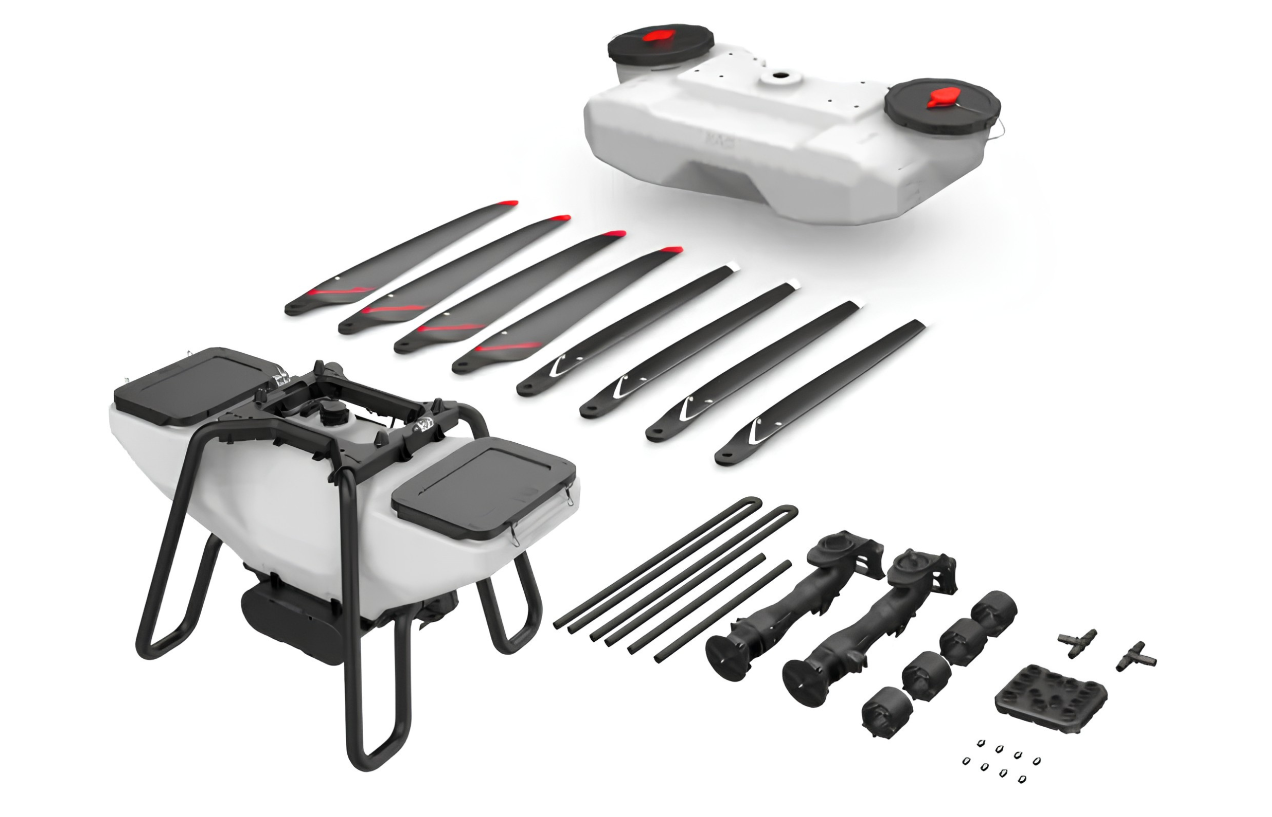 Accesorii pentru drona agricolă XAG P100 PRO, inclusiv componente pentru pulverizare și împrăștiere.