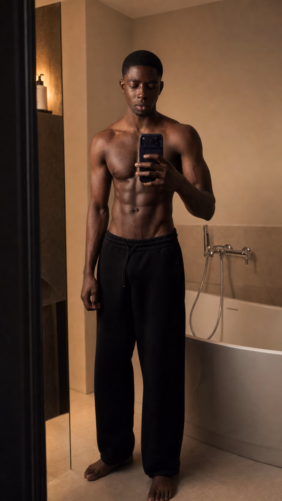 Illustrative after image of an athletic man taking a mirror selfie