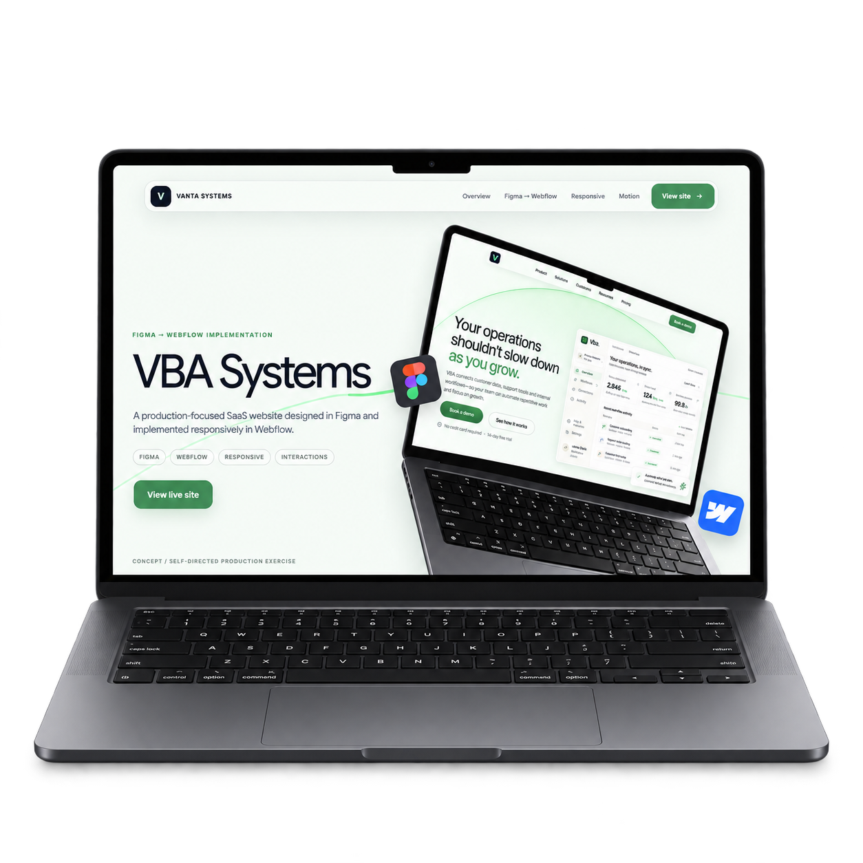 VBA Systems responsive Webflow build shown in the Designer