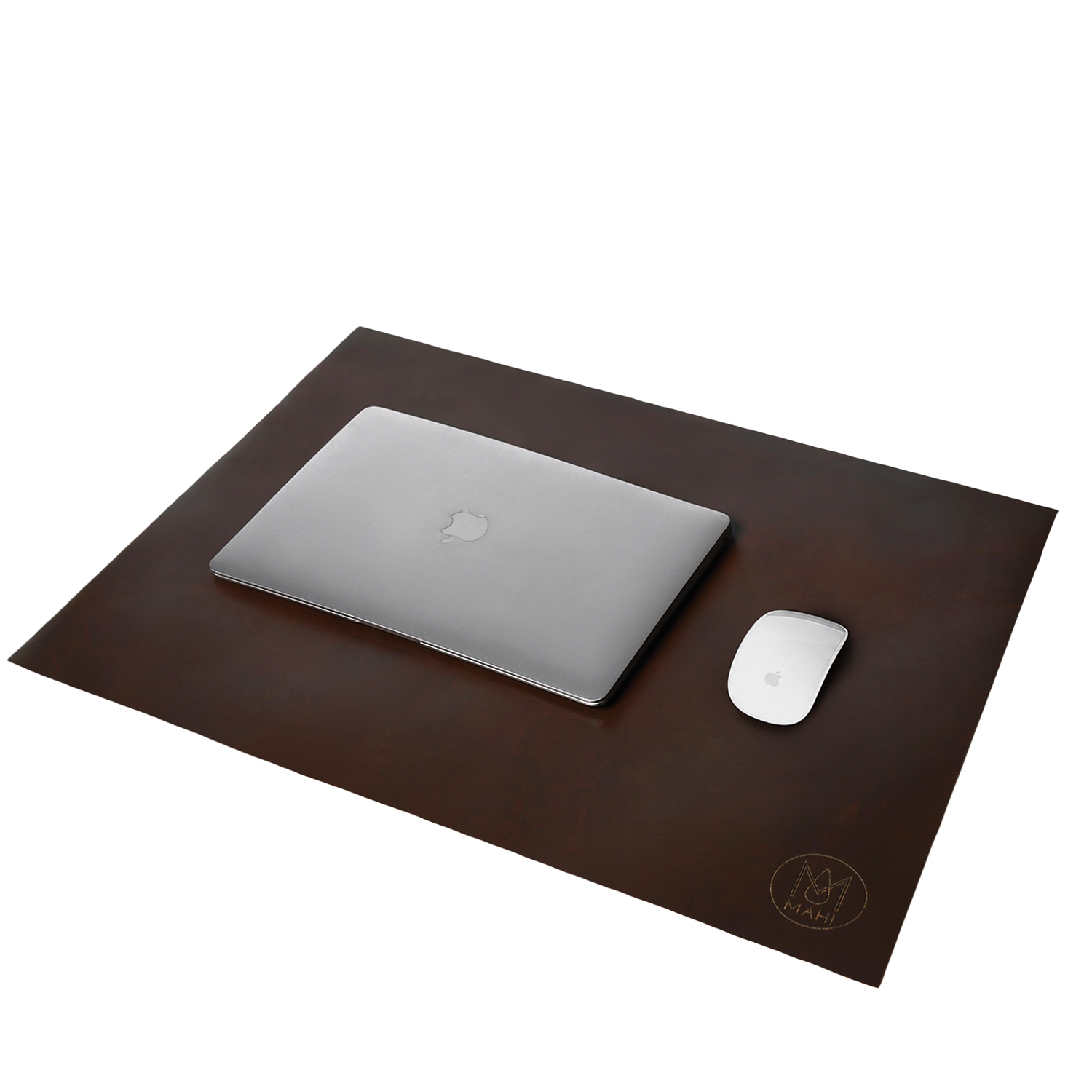 Retouched desk setup with a brown leather desk mat, laptop and white mouse