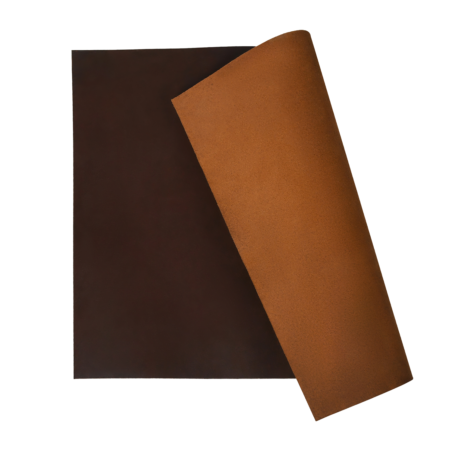 Brown leather desk mat with tan leather underside displayed on a white background