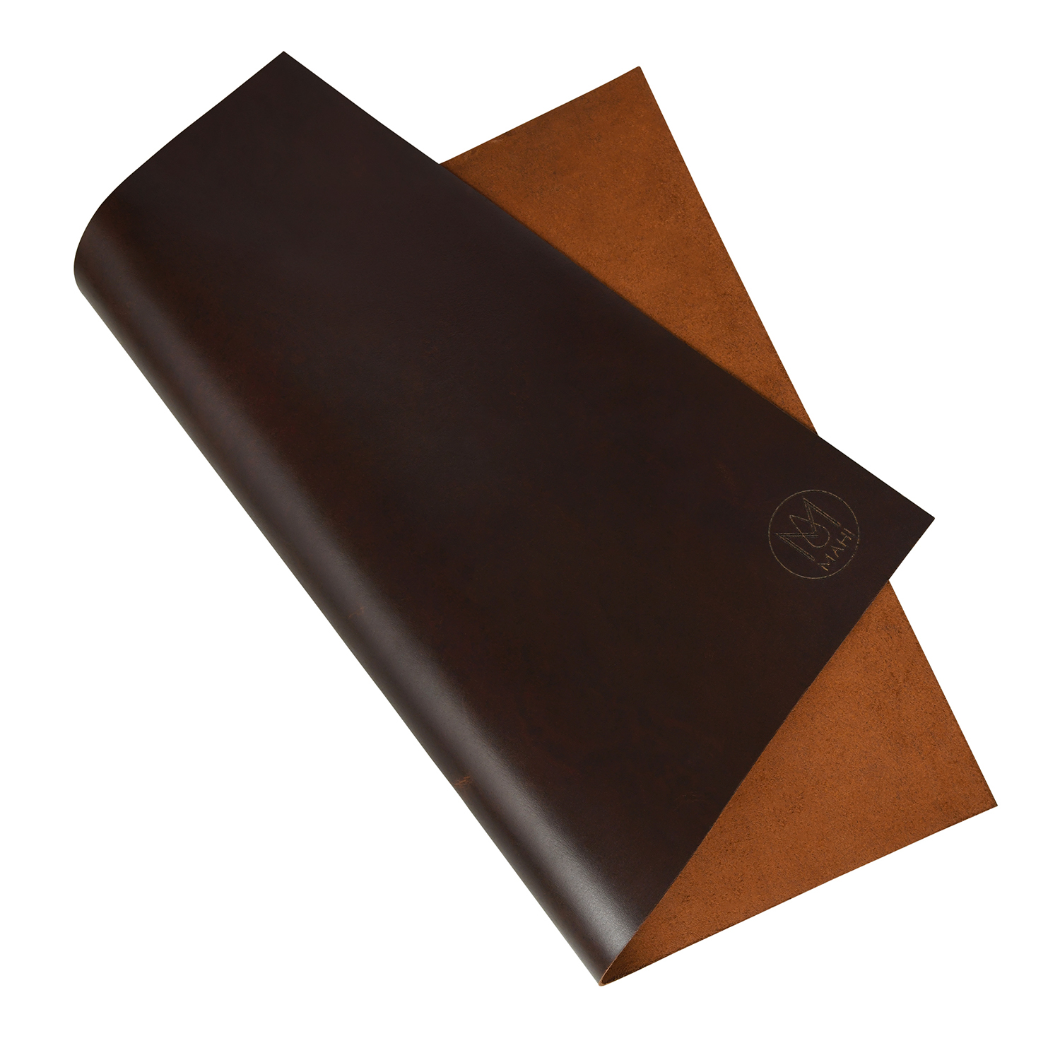 Rolled brown leather desk mat shown with its tan leather underside