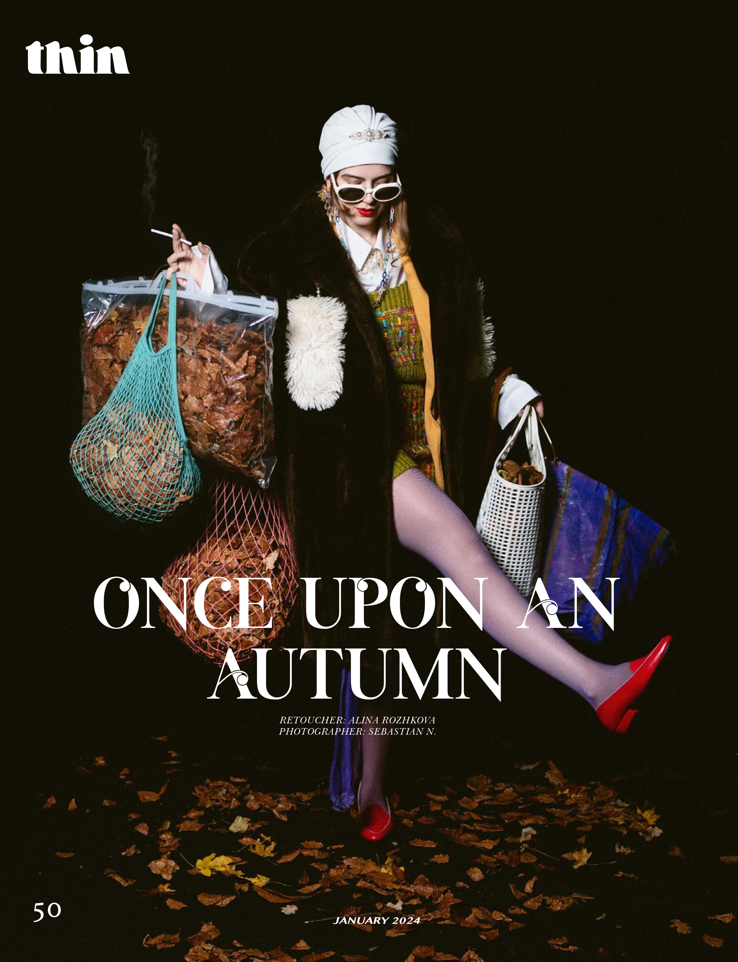 Fashion editorial Once Upon an Autumn published in THIN Magazine, featuring a model styled with layered autumn clothing and colorful bags.
