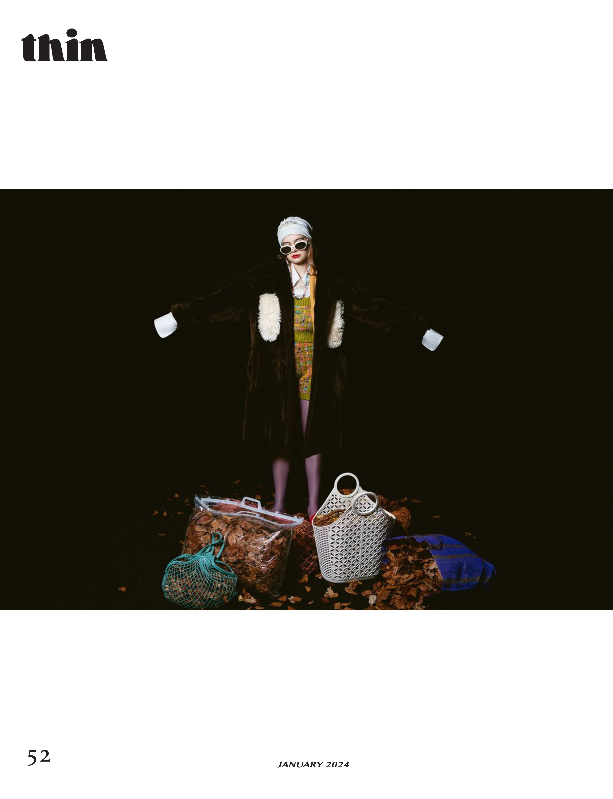 THIN Magazine editorial layout featuring a full-length fashion image against a dark minimal background.