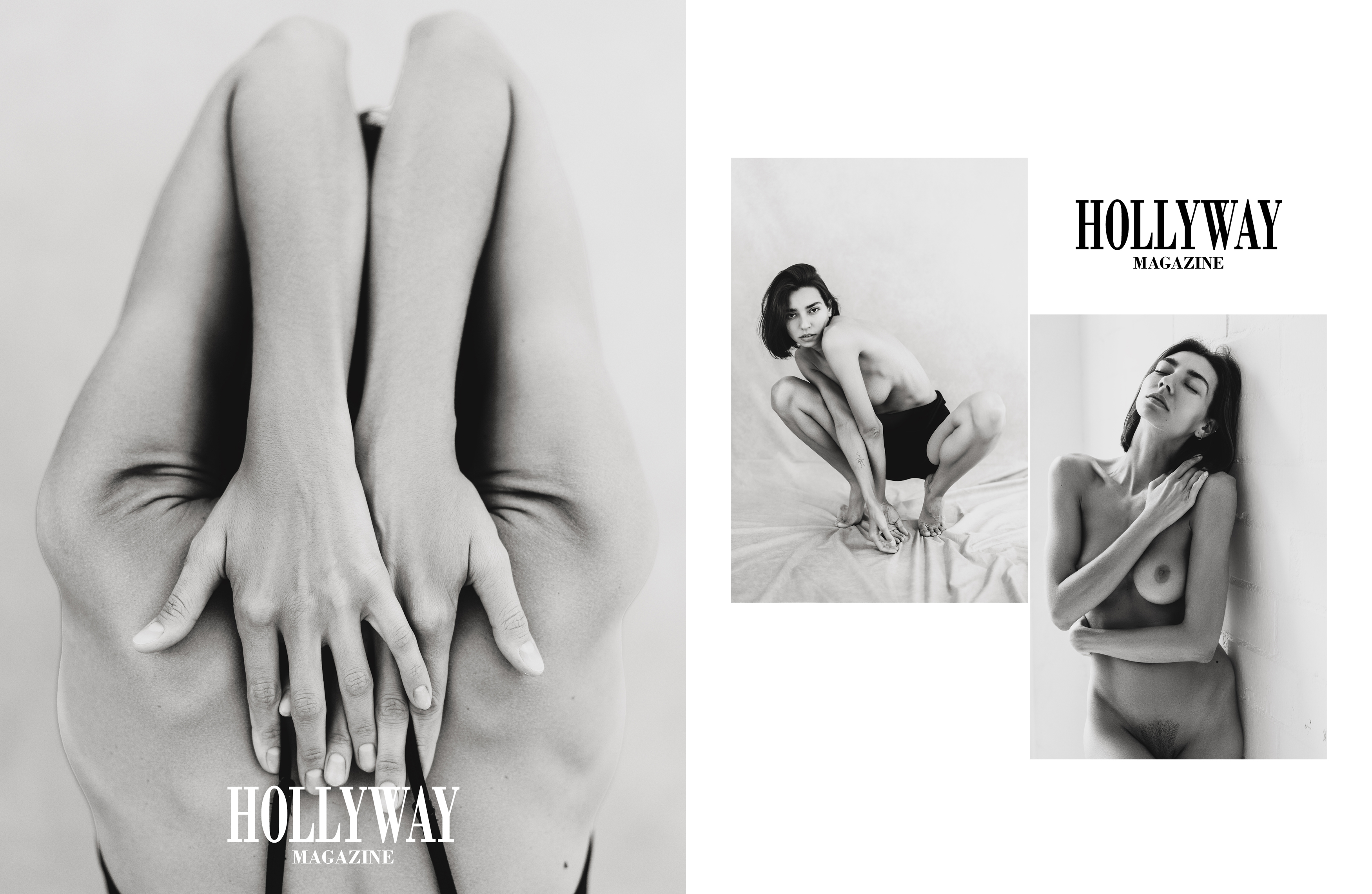 HOLLYWAY Magazine spread combining a black-and-white body detail with two smaller editorial portraits.