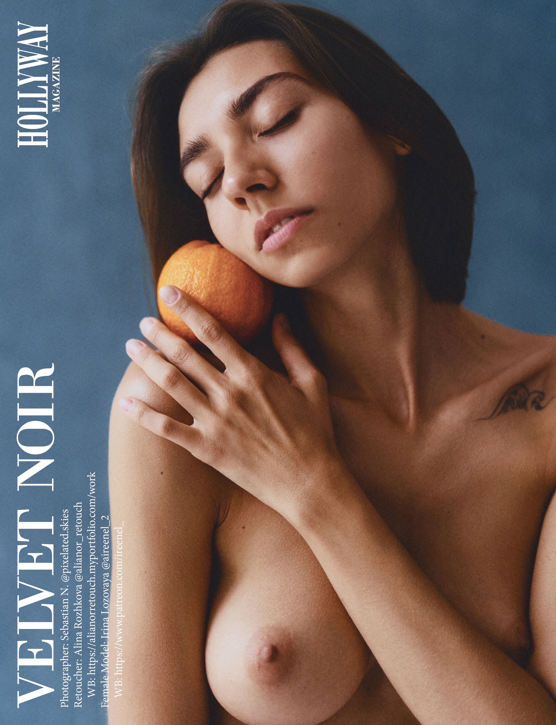 Opening page of the Velvet Noir editorial in HOLLYWAY Magazine, featuring a close-up portrait of a woman holding an orange against a blue background.