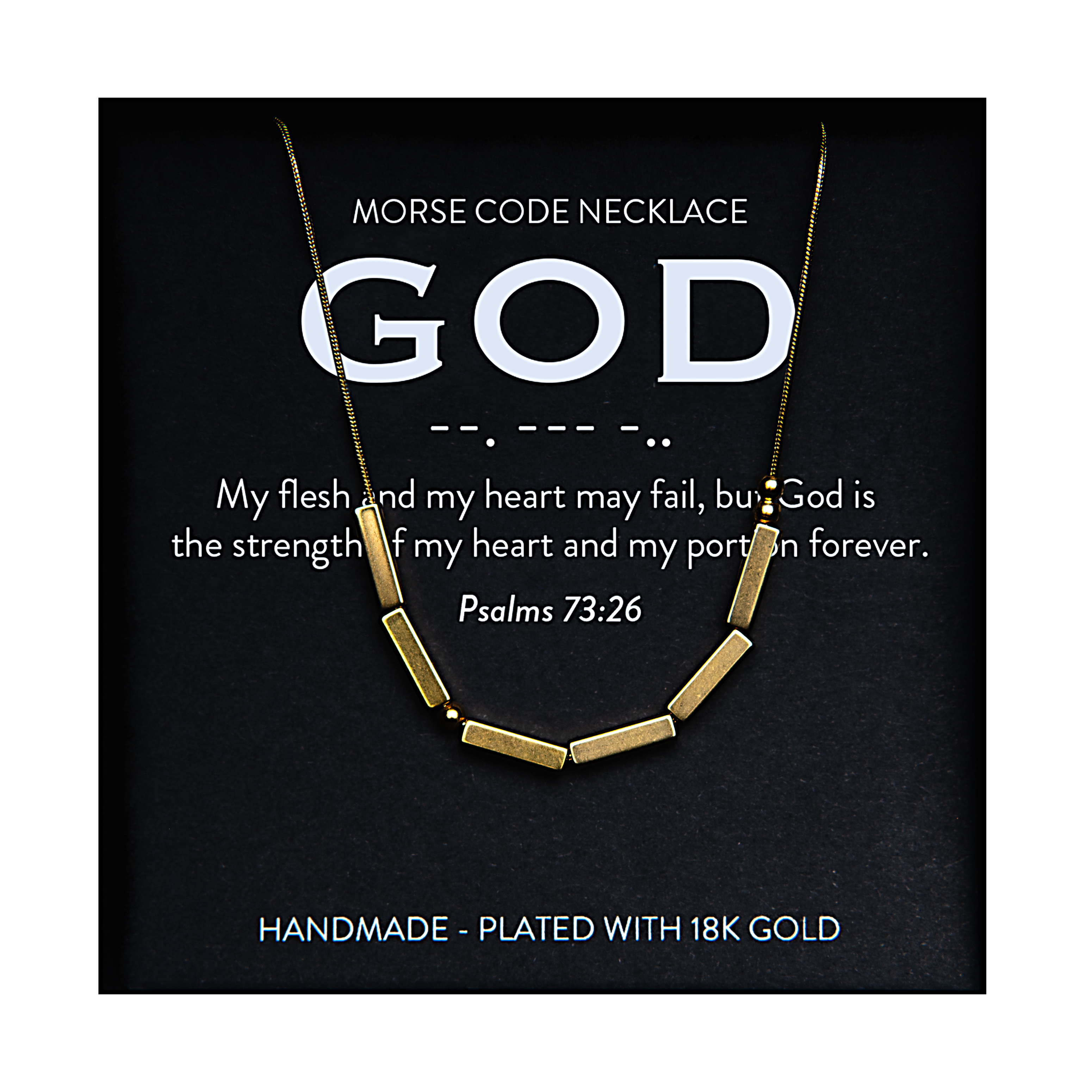 Gold Morse code necklace displayed on a black product card with the word God