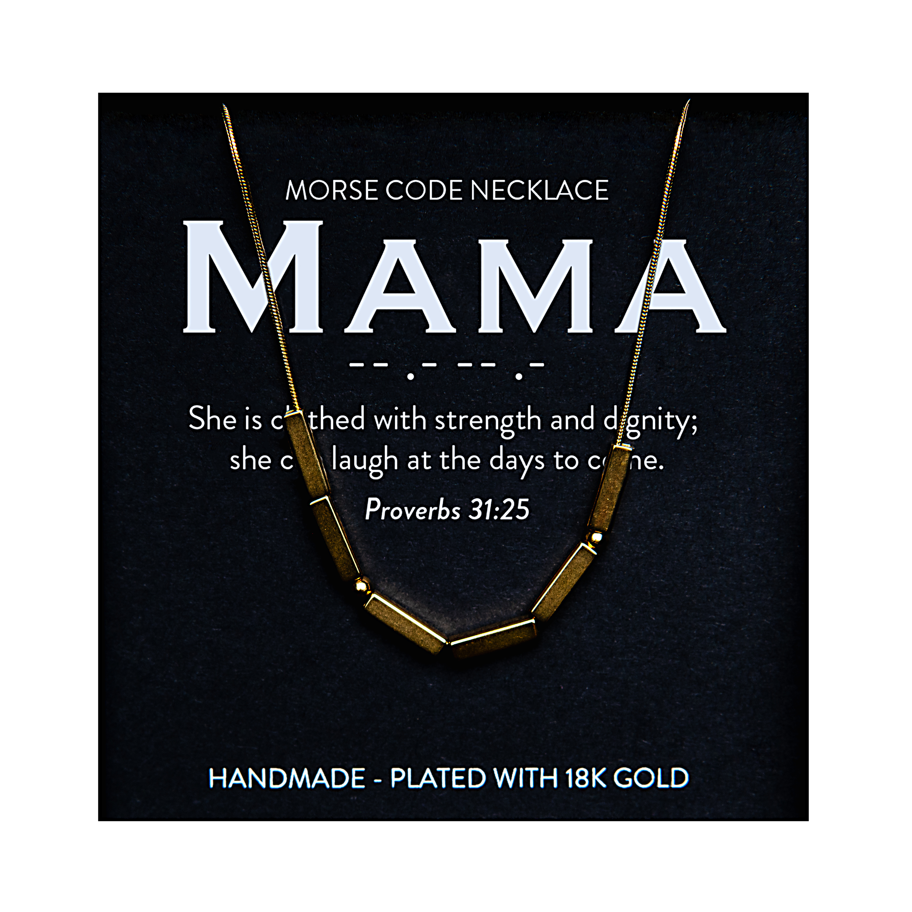 Gold Morse code necklace displayed on a black product card with the word Mama