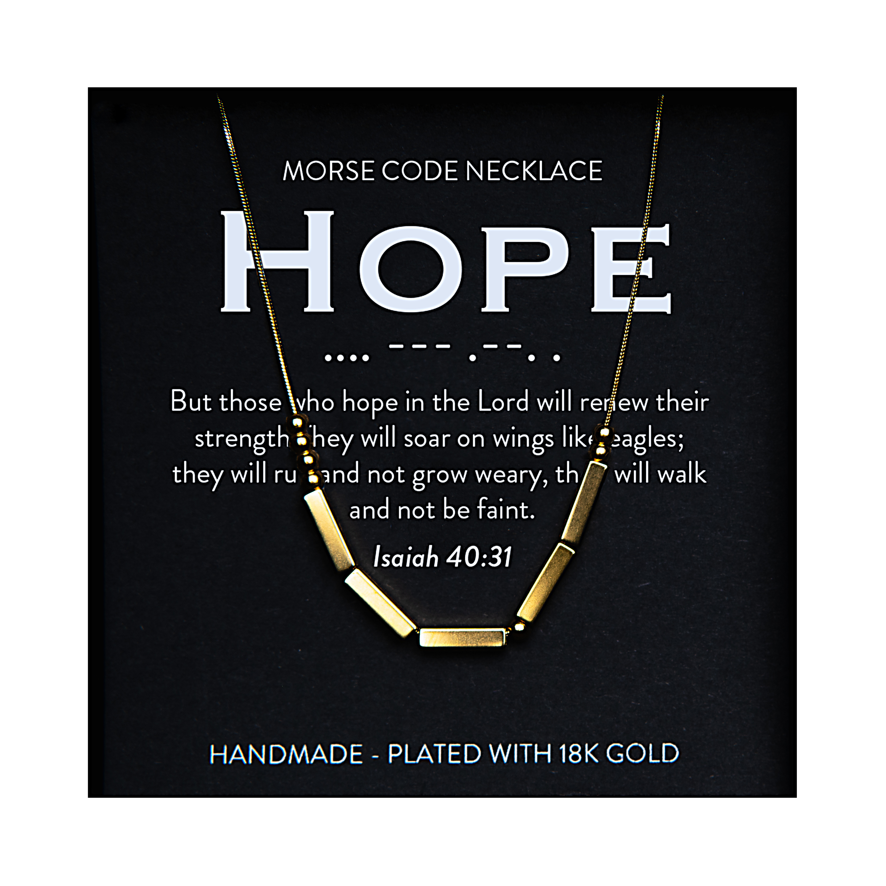 Gold Morse code necklace displayed on a black product card with the word Hope