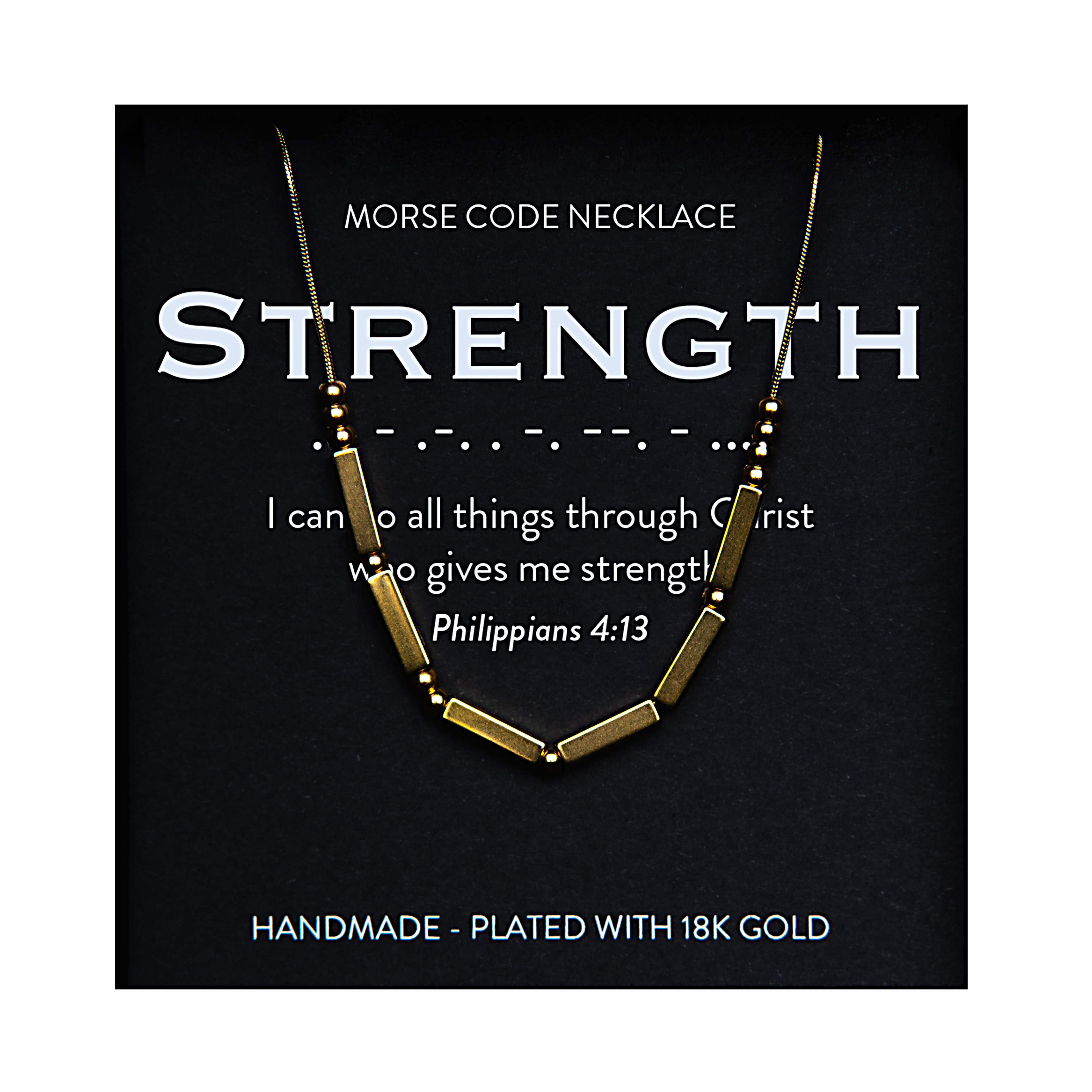Gold Morse code necklace displayed on a black product card with the word Strength