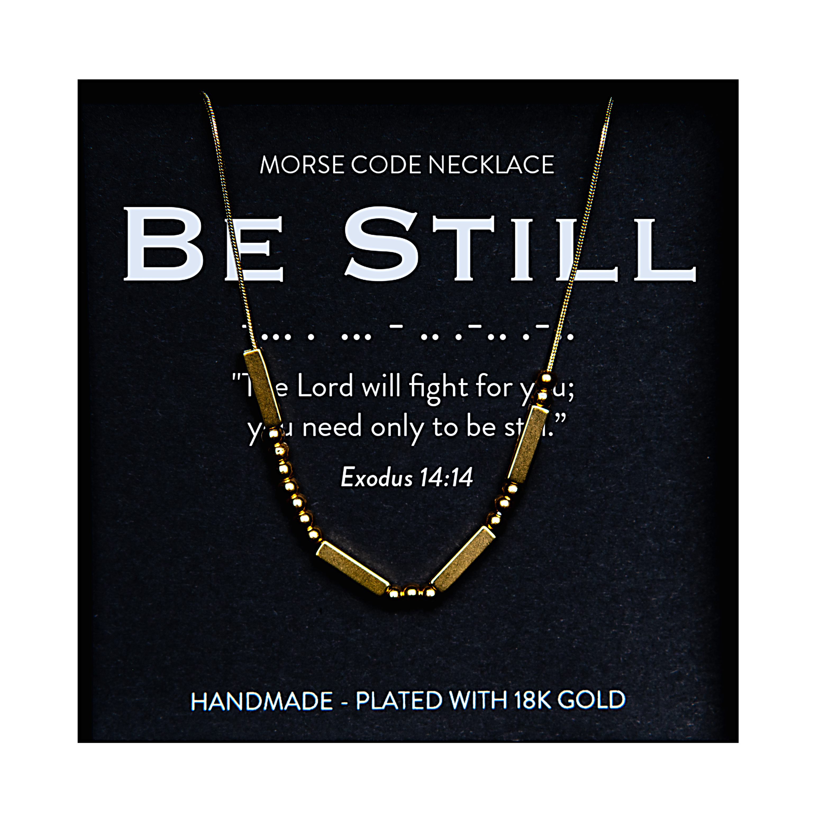 Morse code Love necklace presented on a clean black product card with refined gold detail