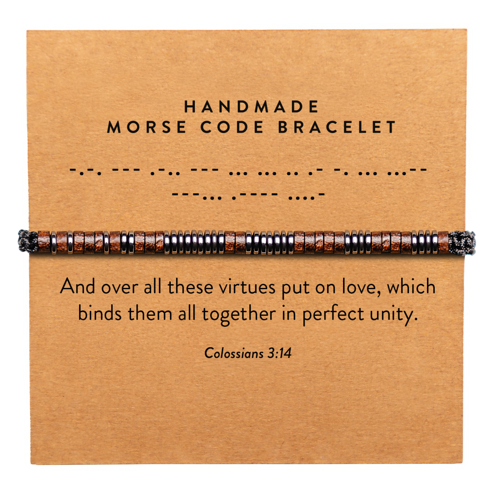 Morse code bracelet presented on a warm kraft display card with a clean and consistent product layout