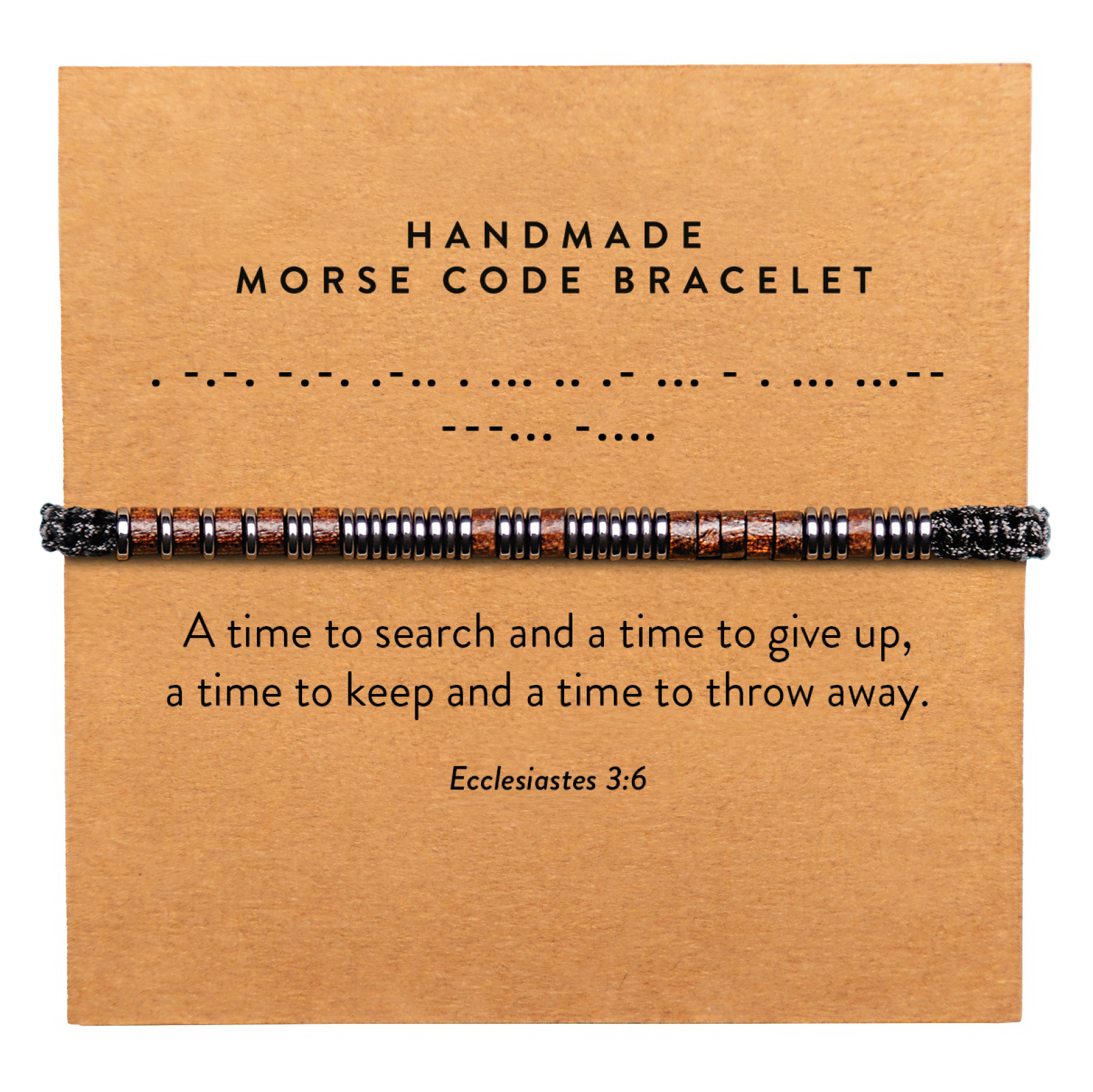 Handmade Morse code bracelet on a kraft card with neatly aligned beads and minimal product styling