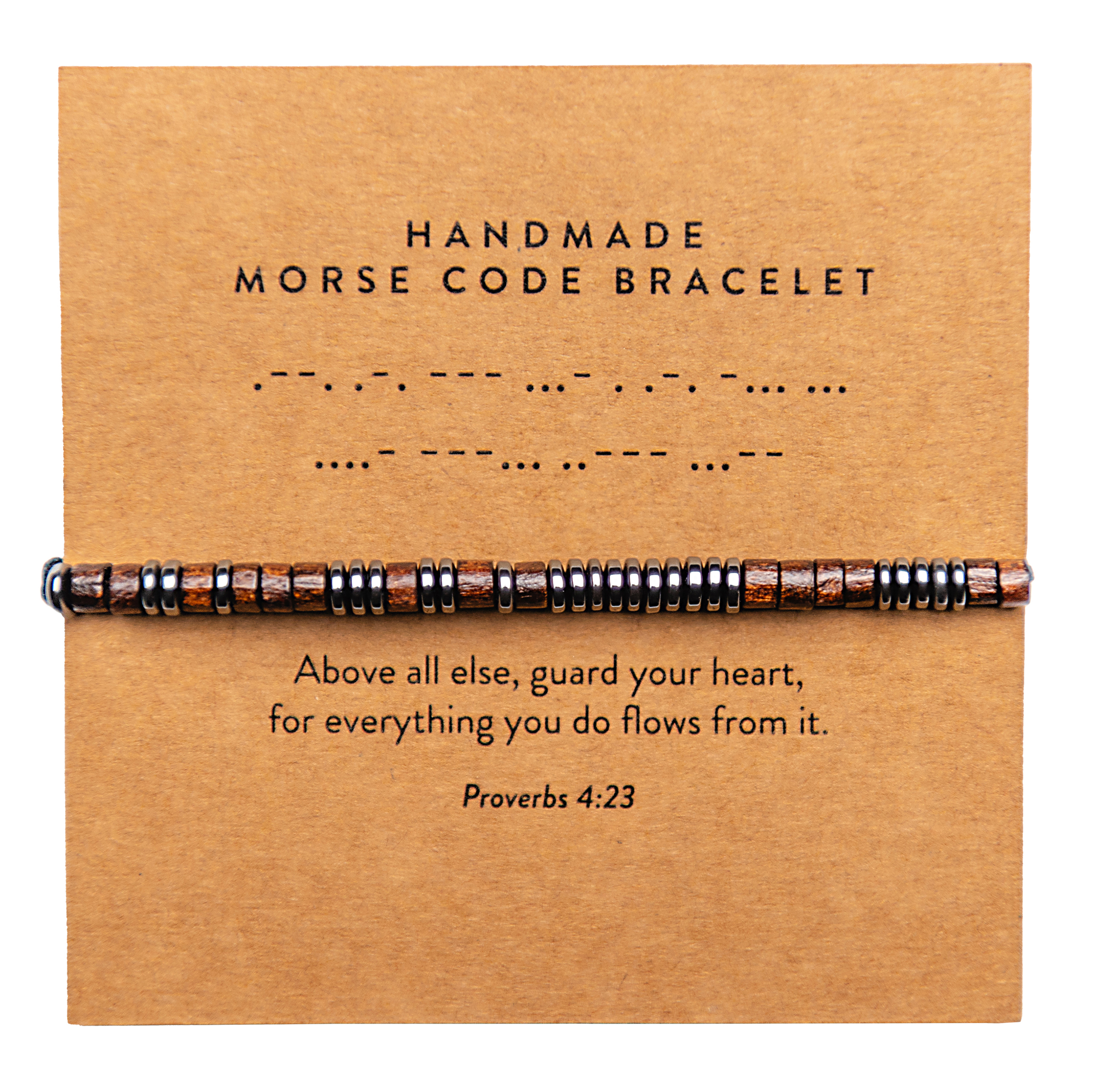 Handmade Morse code bracelet presented on a clean warm kraft product card with refined bead and cord detail