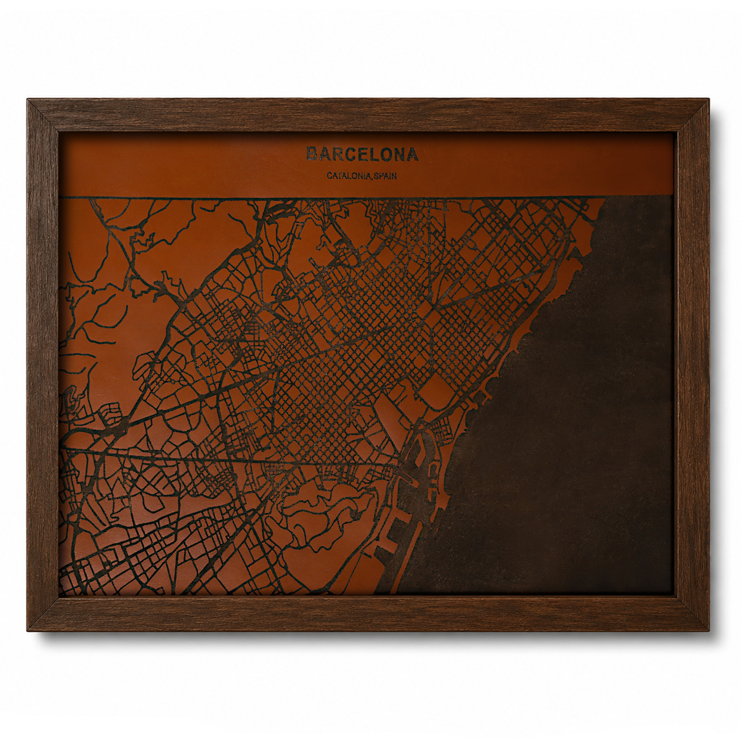 Barcelona map wall artwork shown in a dark wooden frame