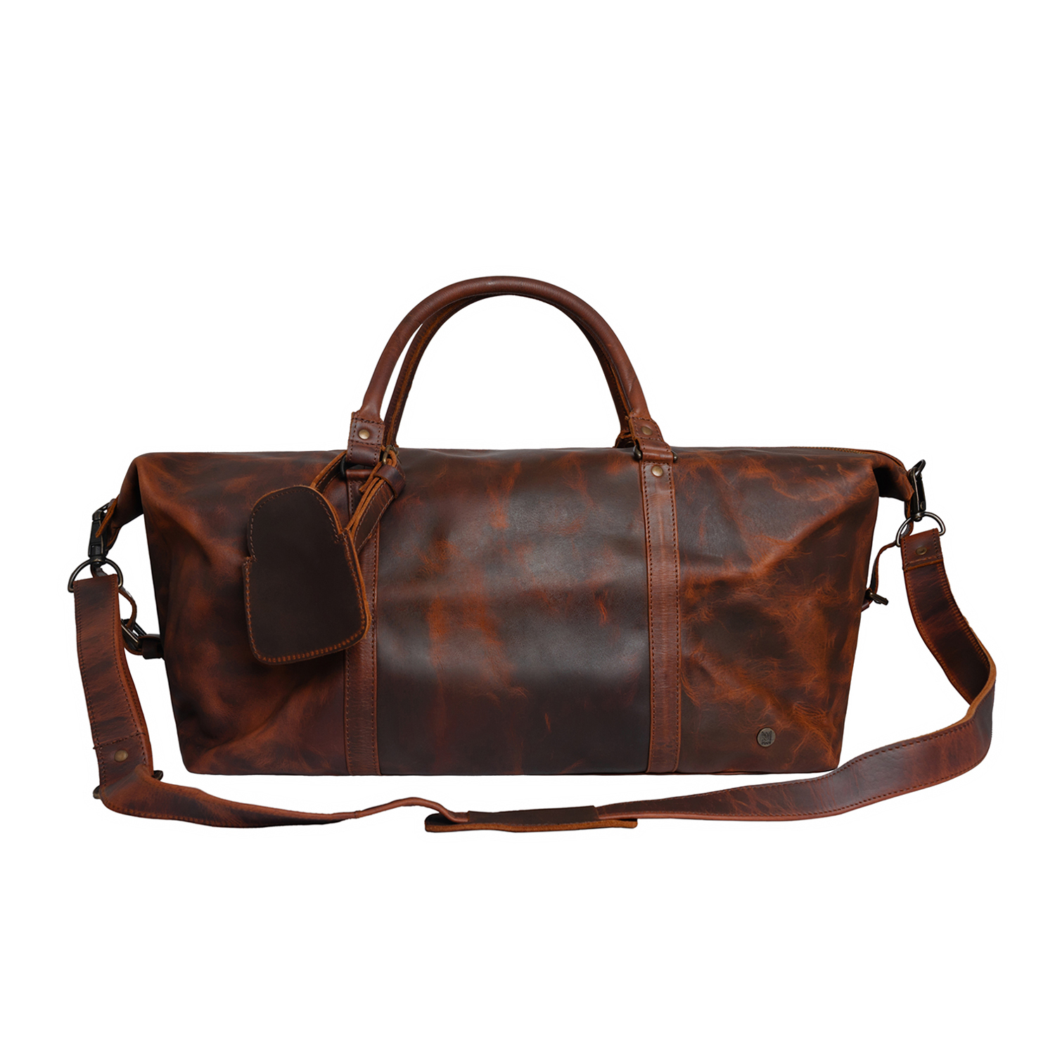 Waxy brown leather duffle bag with top handles and shoulder strap on a white background