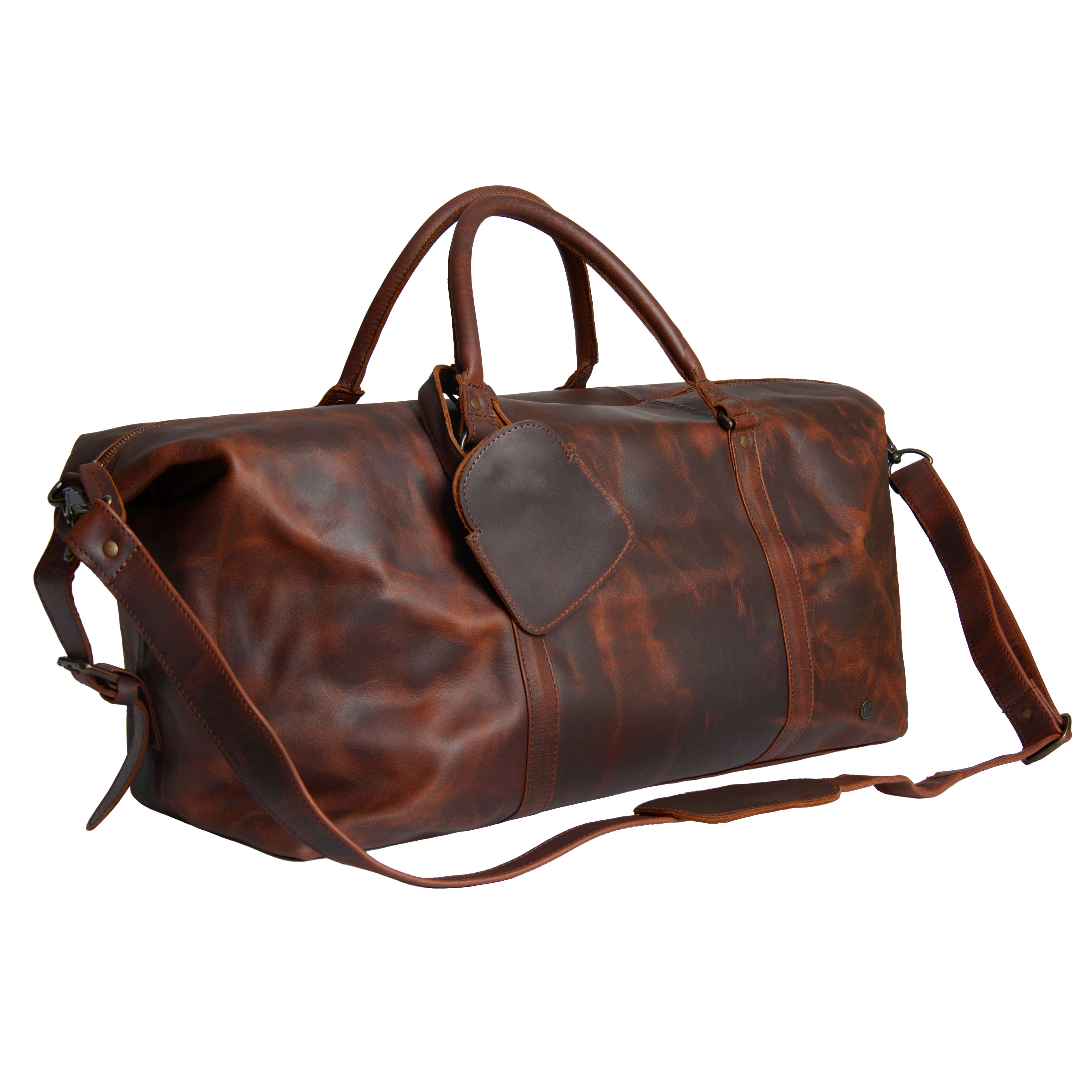 Side view of a waxy brown leather duffle bag with an extended shoulder strap