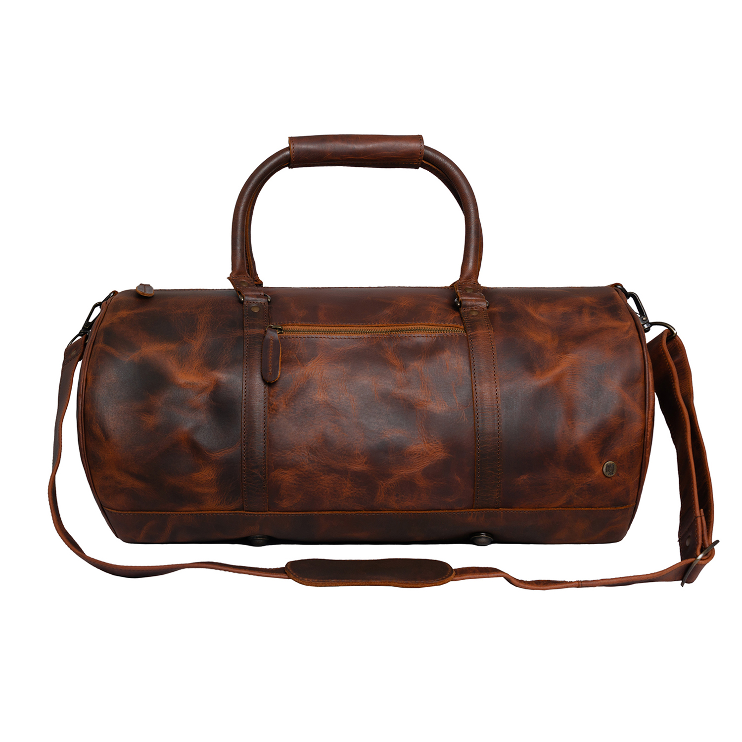 Classic waxy brown leather duffle bag isolated on a white background