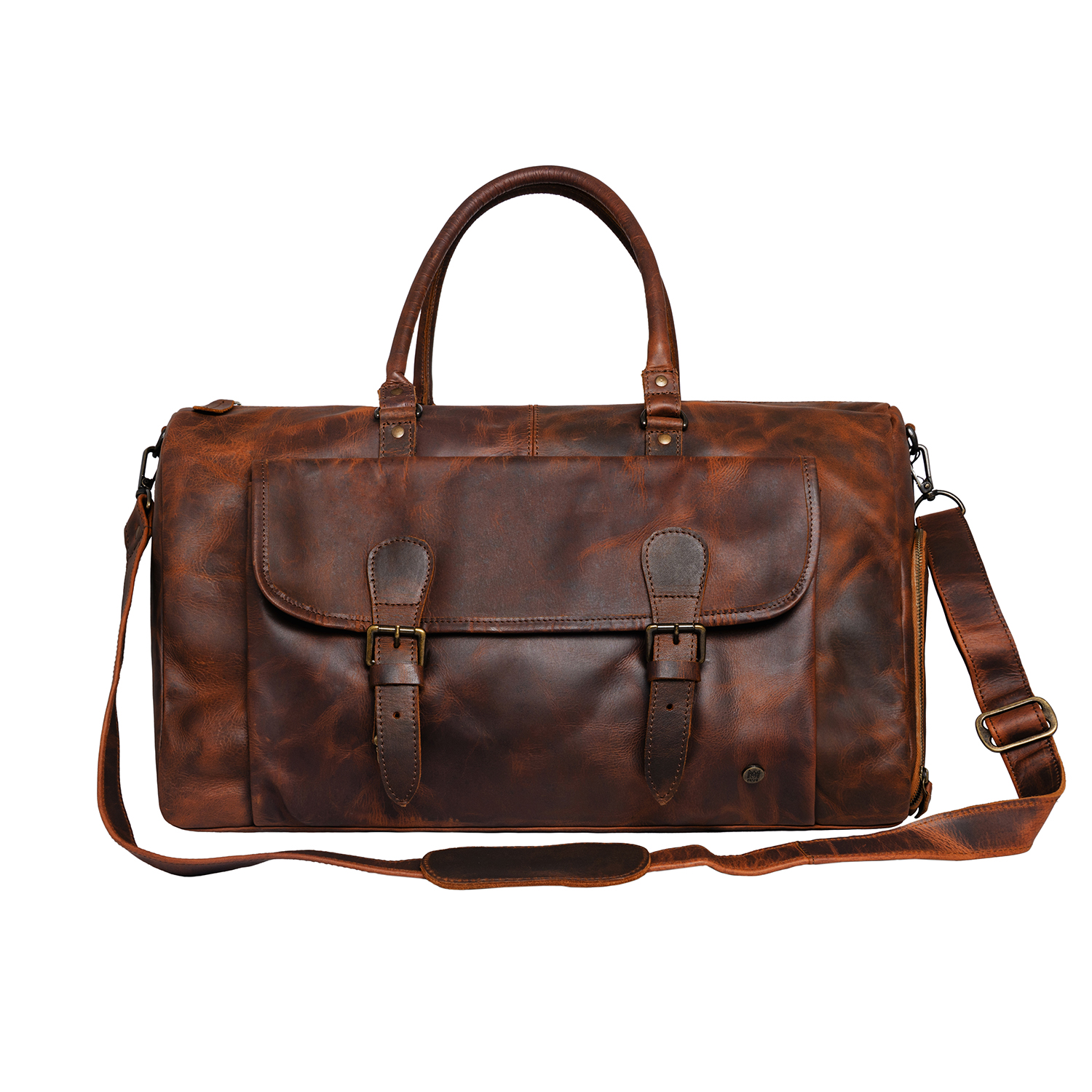 Structured waxy brown leather overnight bag on a white background