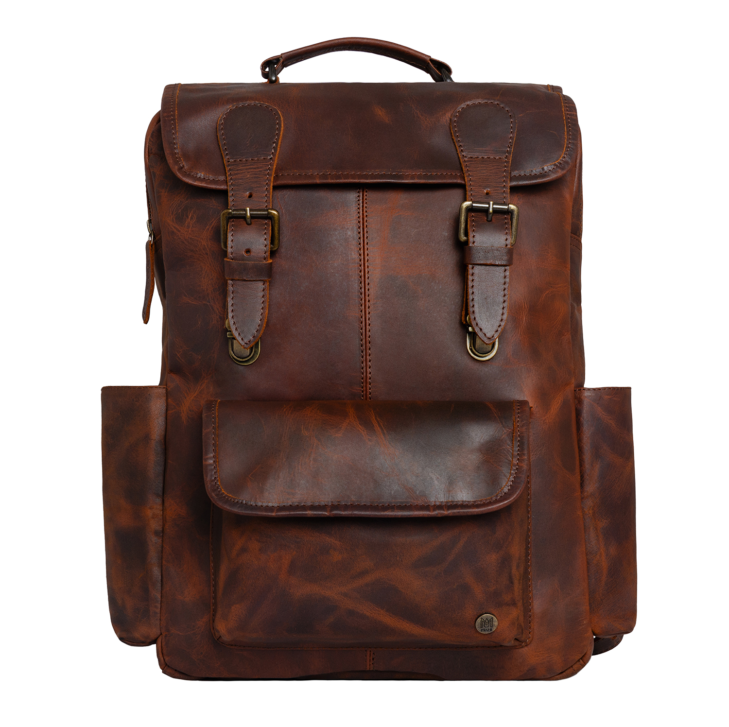 Front product view of a waxy brown leather backpack on a white background