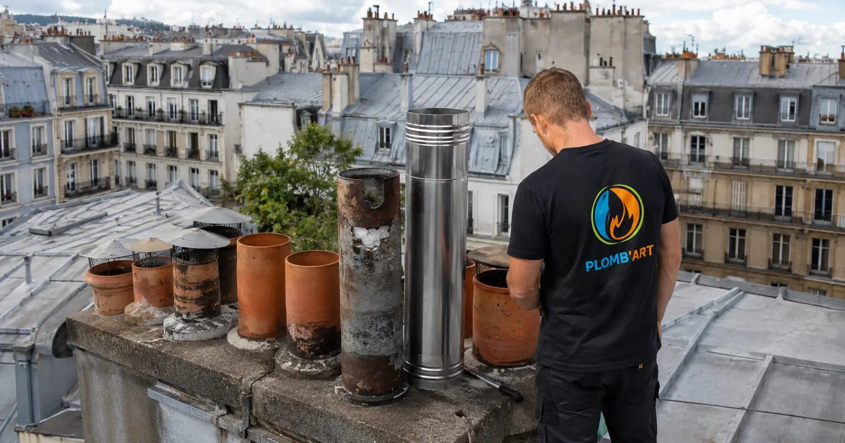 Pose d'un tubage inox neuf sur un conduit de cheminée à Paris