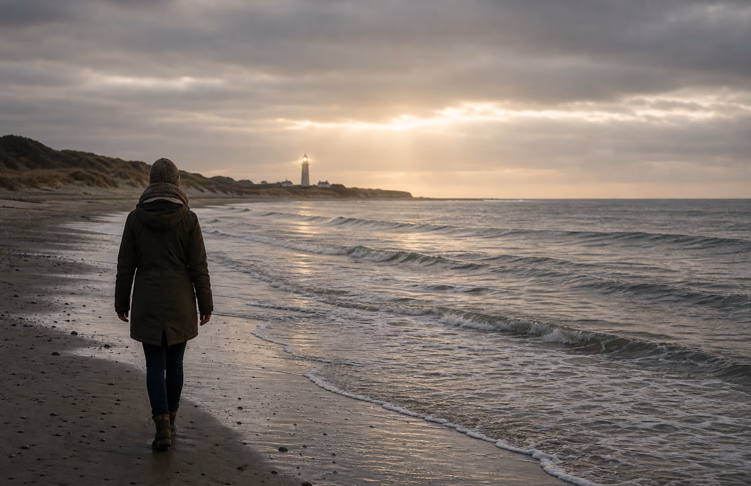 Frau spaziert am Strand entlang während Sonnenstrahlen durch den bewölkten Himmel einen Leuchtturm anleuchten.