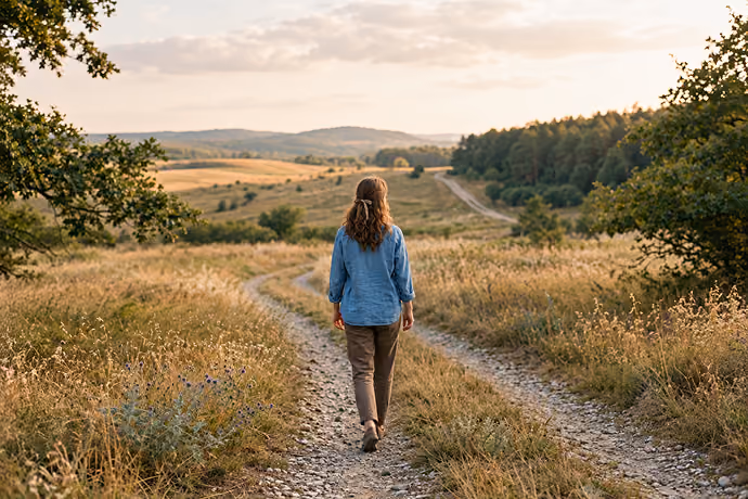 Eine Person mit blauer Bluse geht einen schmalen Weg durch eine offene Landschaft mit Wiesen und Bäumen.