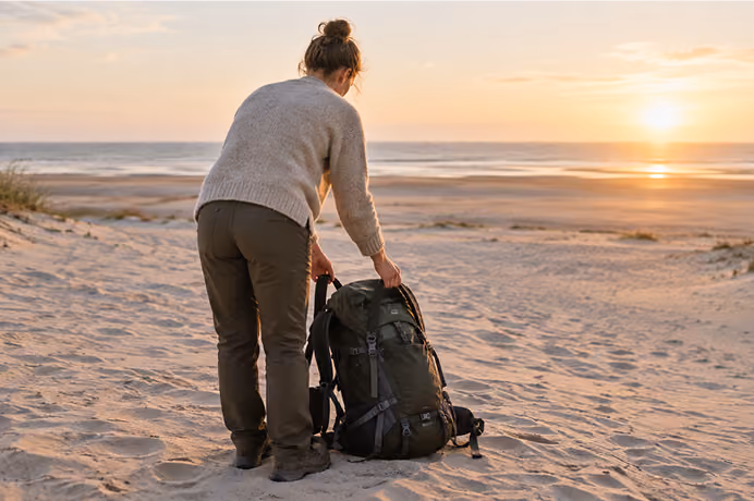 Eine Person mit einem grauen Pullover legt einen Rucksack am Strand ab.