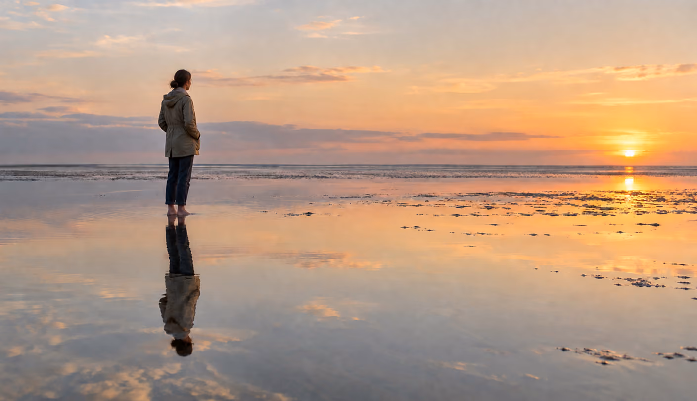 Eine Frau steht barfuß im flachen Wasser in der Nordsee und schaut Richtung Sonnenuntergang.