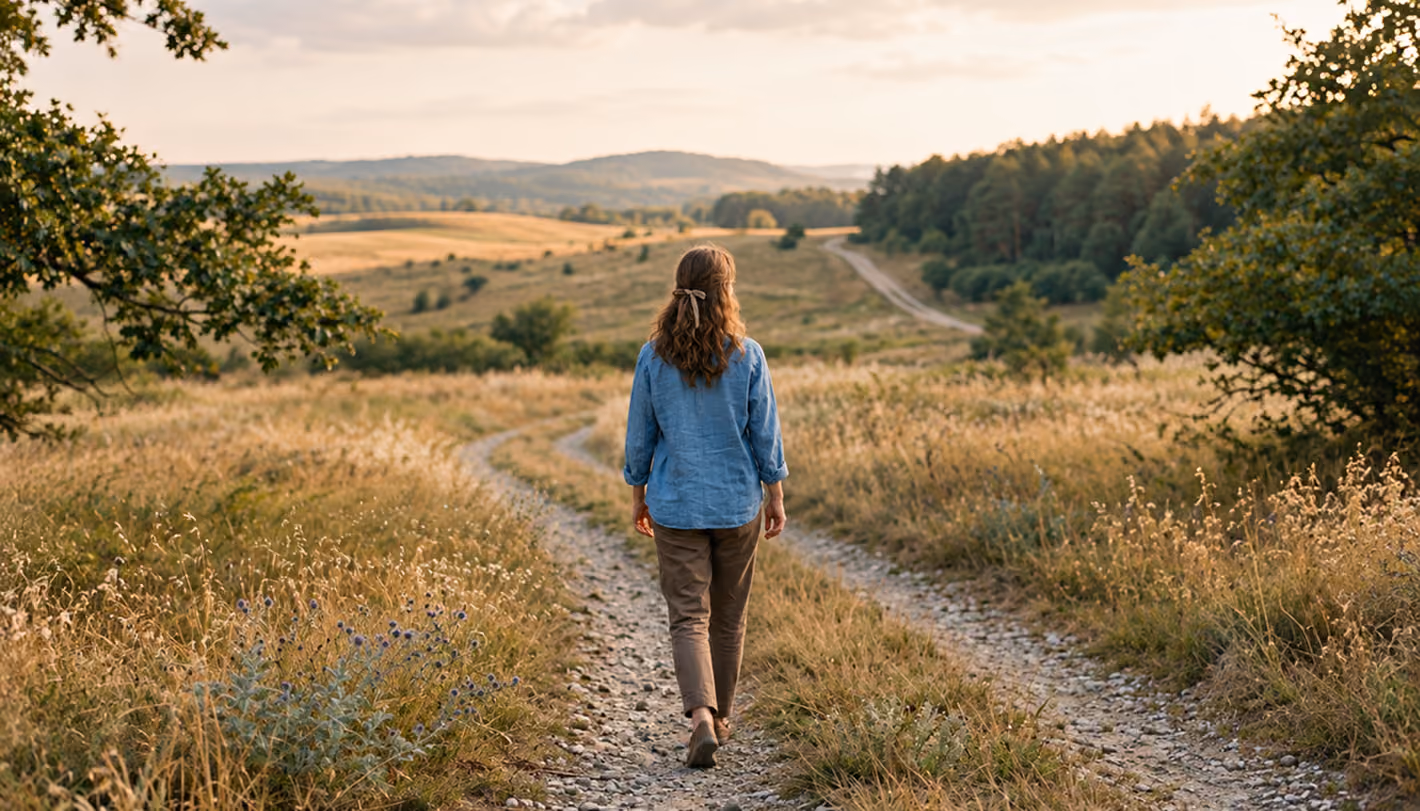 Eine Person mit blauer Bluse geht einen schmalen Weg durch eine offene Landschaft mit Wiesen und Bäumen.