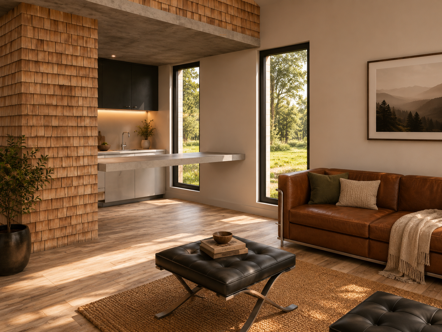 Render interior del estar y cocina del modelo Refugio 60