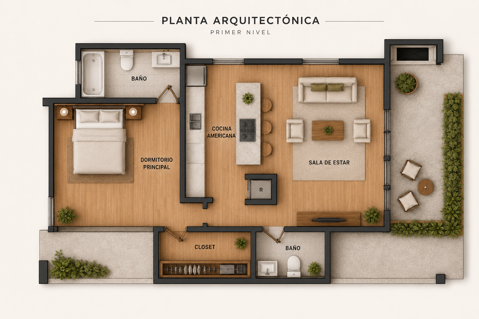 Planta arquitectónica horizontal del modelo Refugio 60