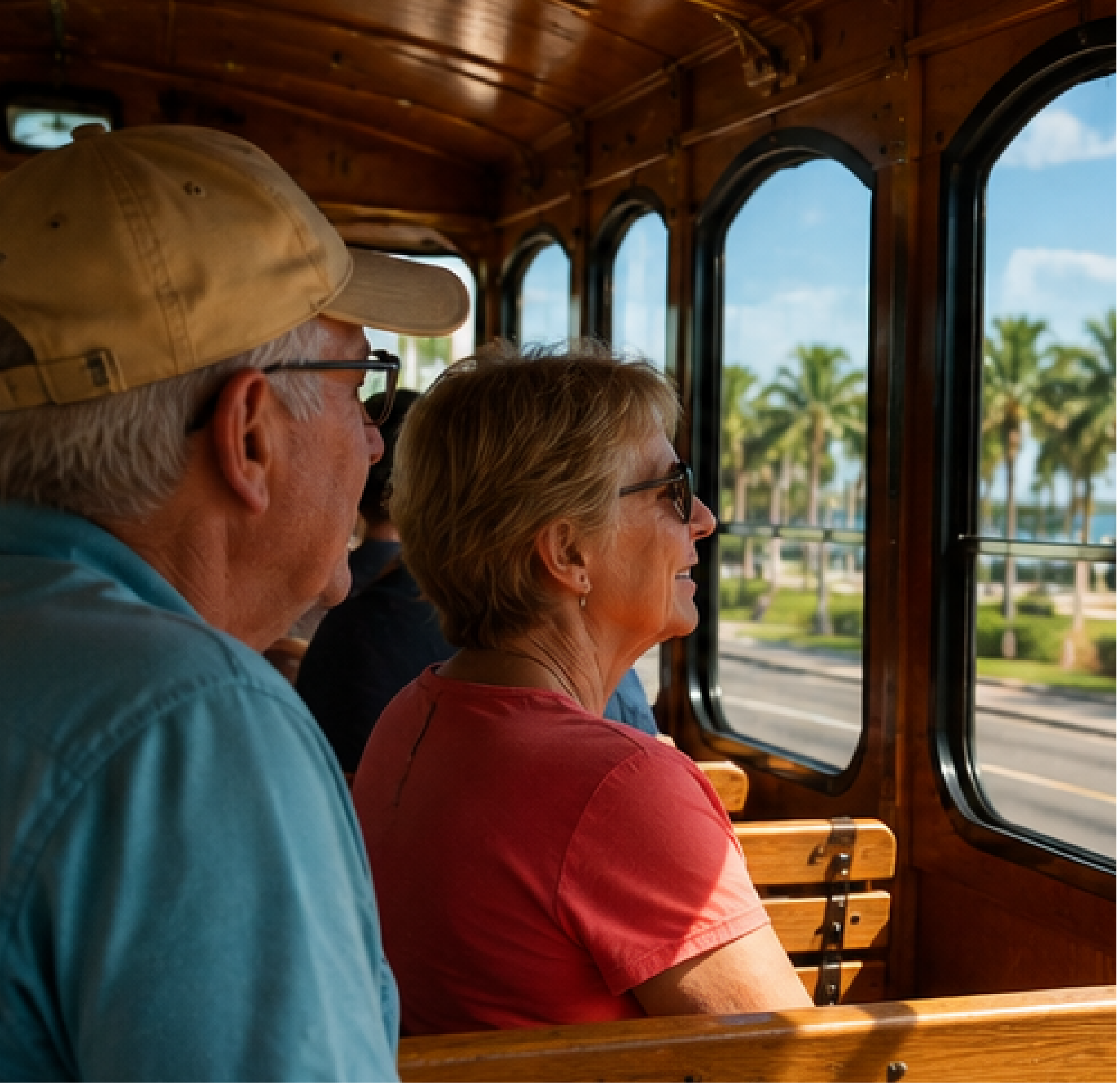 Senior couple riding on the looper trolley