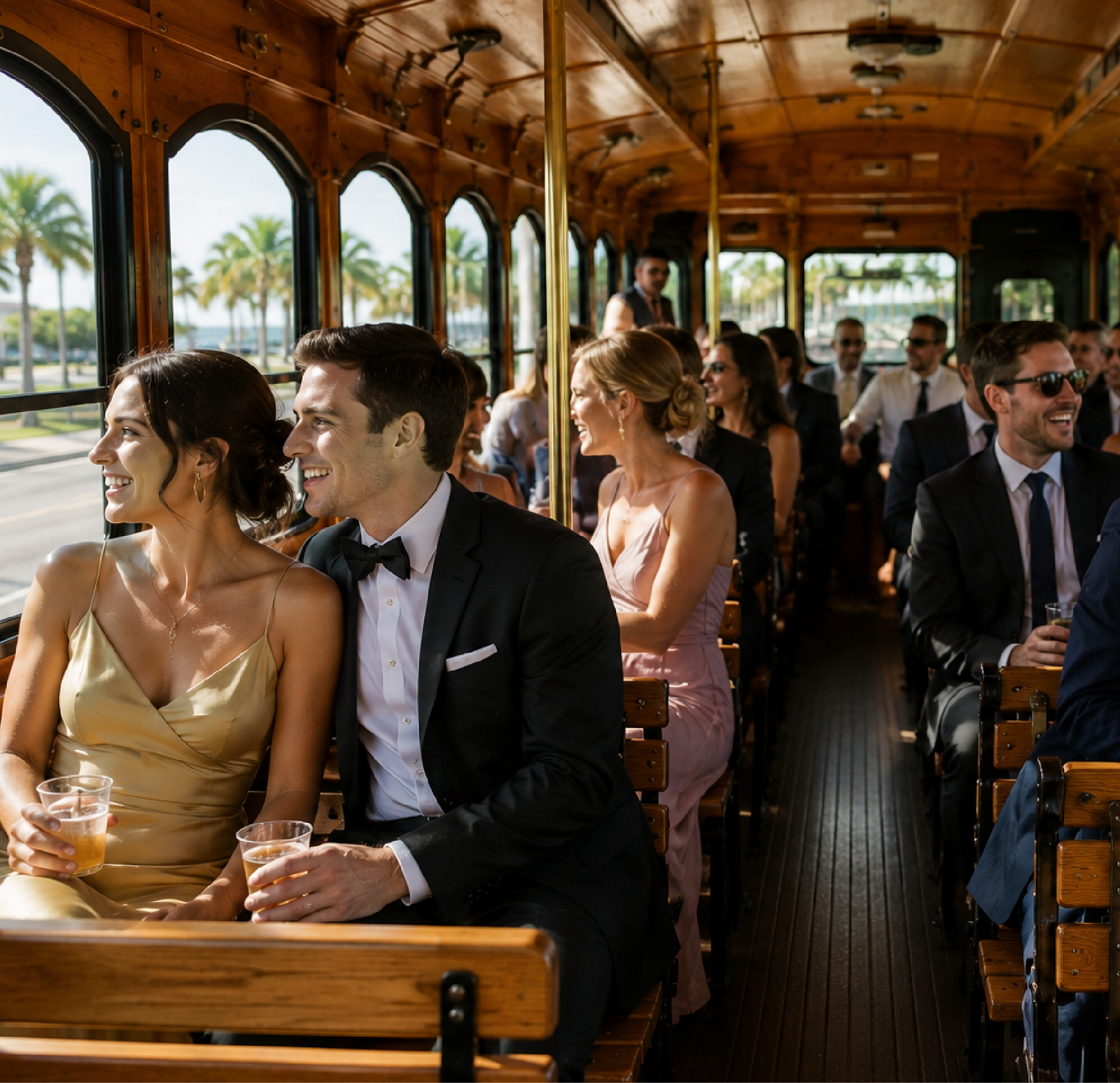 People on trolley going to a wedding