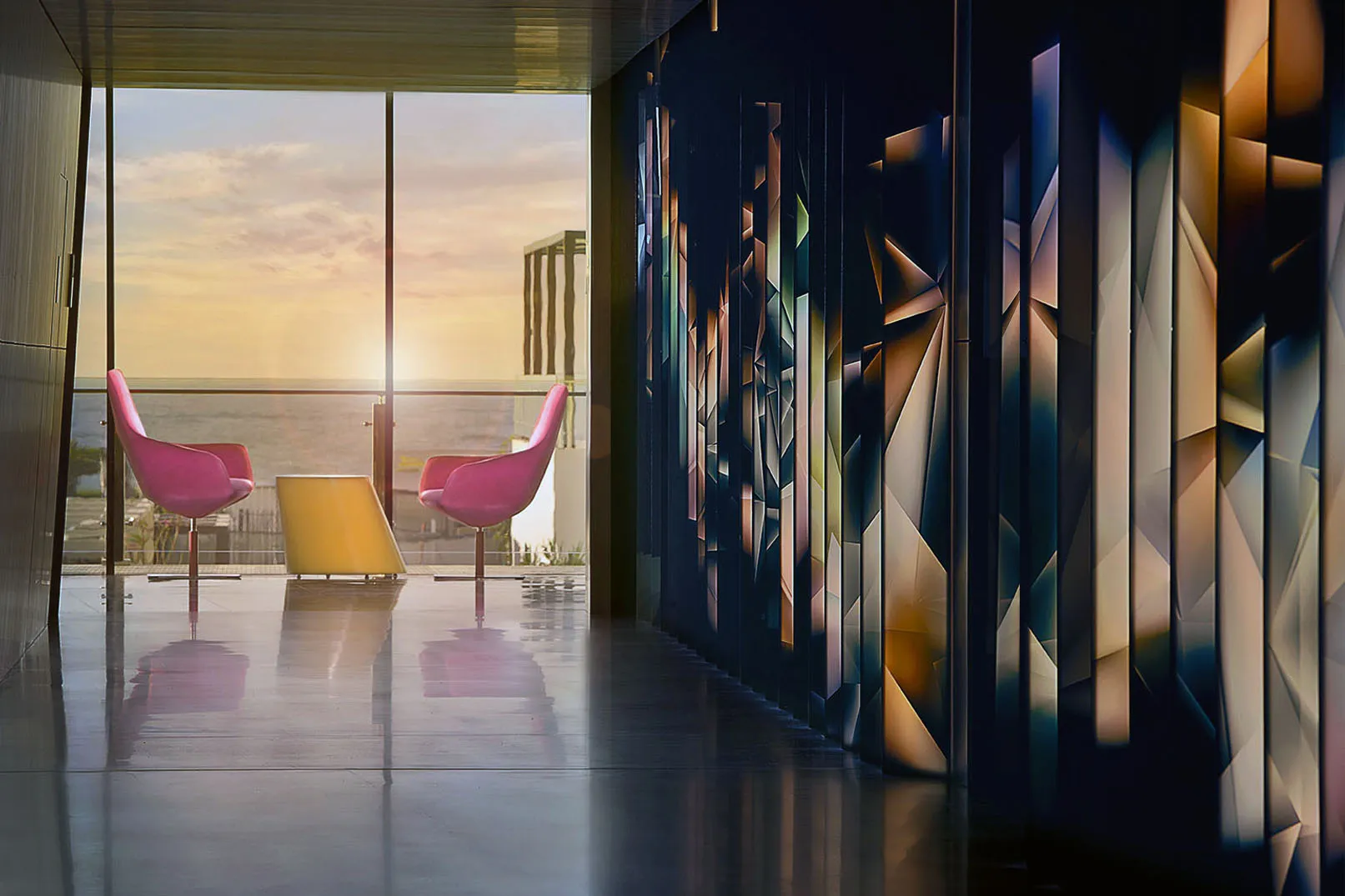 Hotel hall at sunset, featuring dtop-tix fractal backlit artwork, placed at a 45-degree angle. The background is the ocean at sunset, with 2 pink chairs and a yellow coffee table. Less contrast