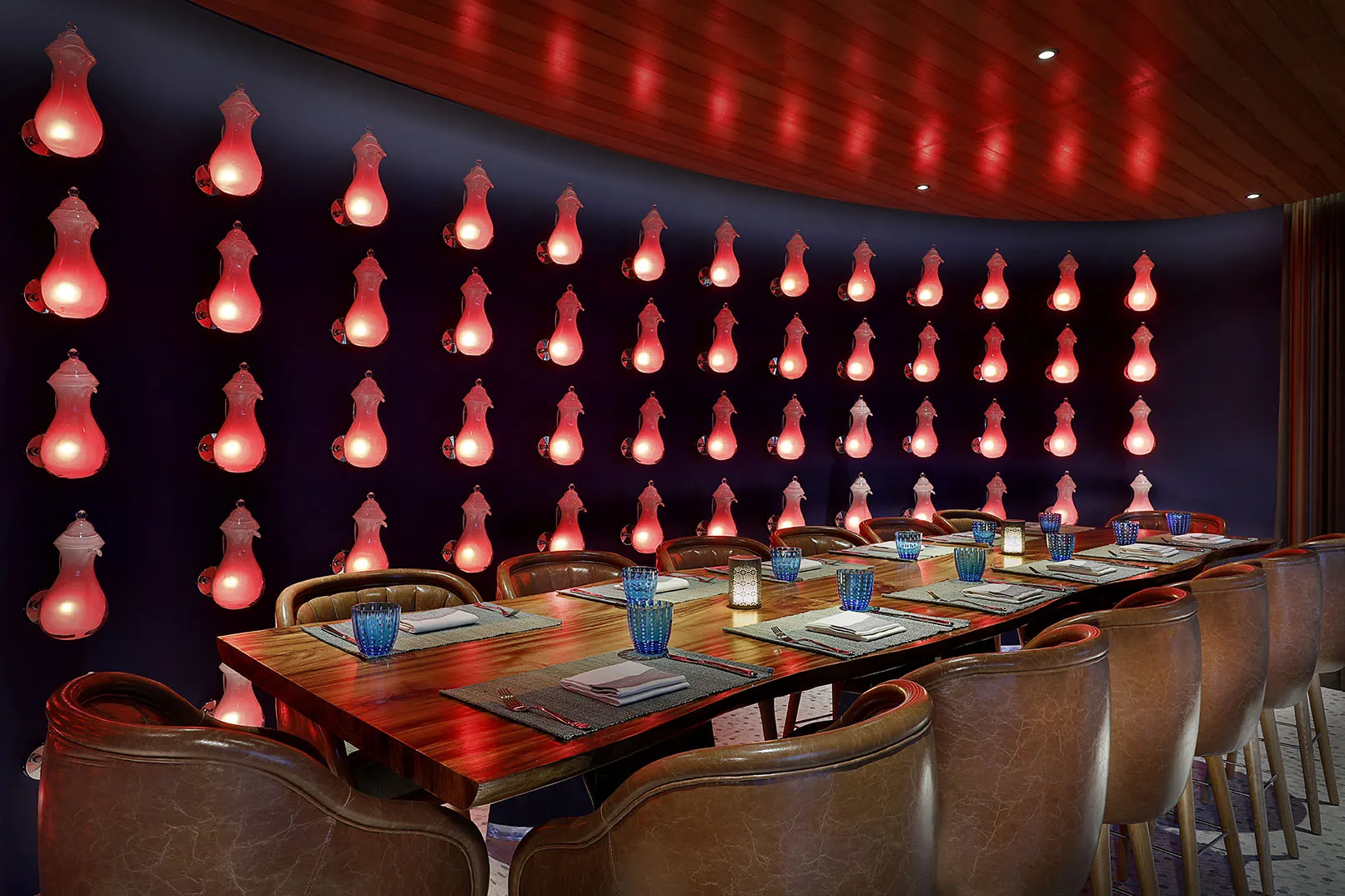 Light sculpture that changes color. A modern art installation for an exclusive dining room in a luxury restaurant. 