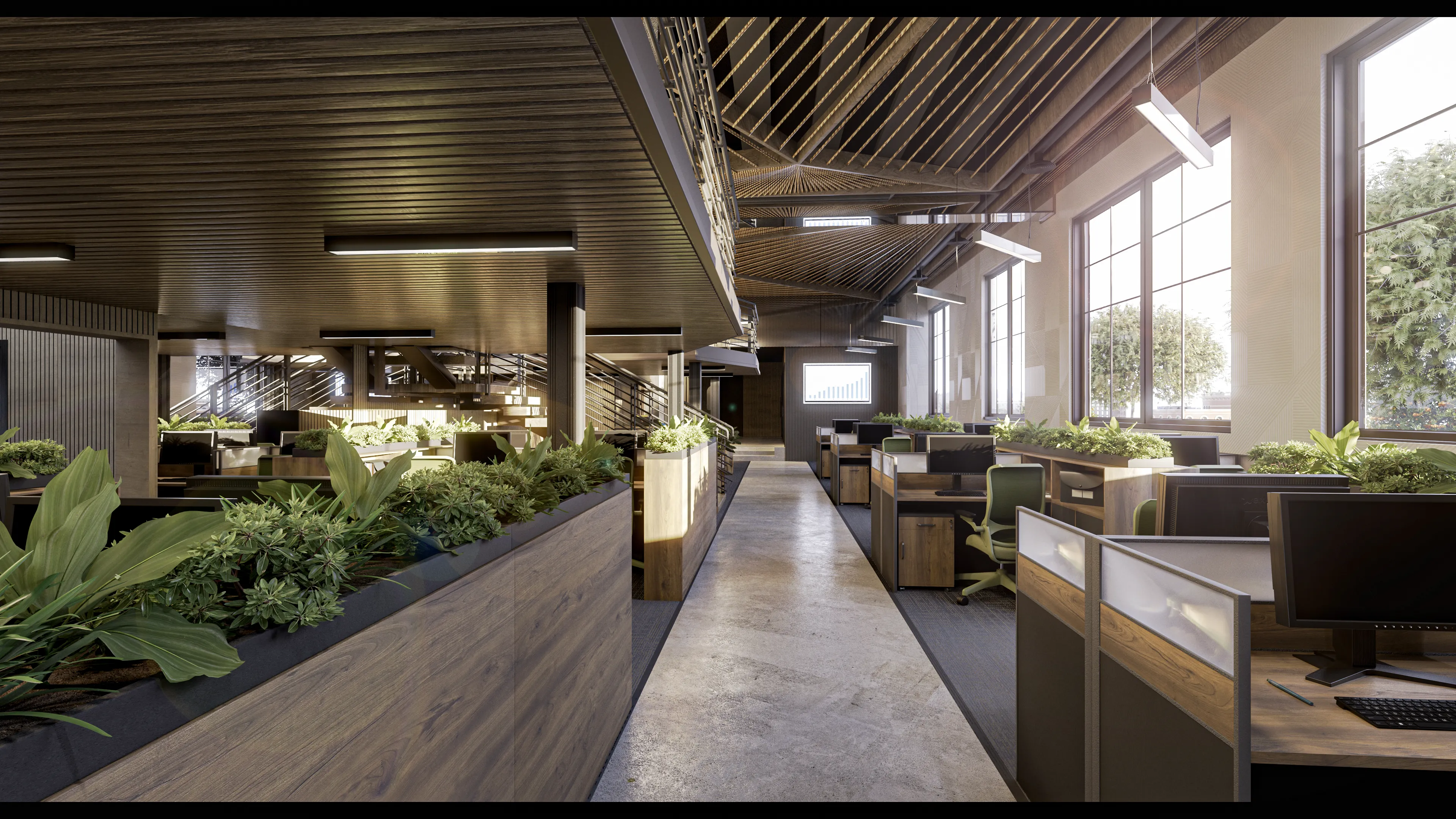 Modern office interior, with concrete floor, custom desks, and black planters. The interior features natural elements with rope ceiling and large windows. 