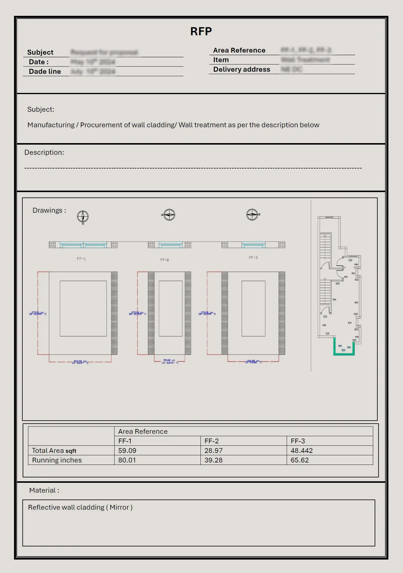 Request for proposal, showing a detailed description of a fit-out element, to be sent to a vendor for manufacturing cost proposal