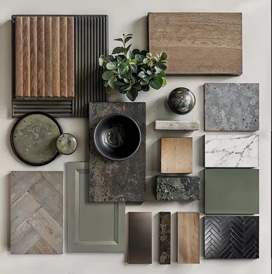 Material board showing material harmony for approval.