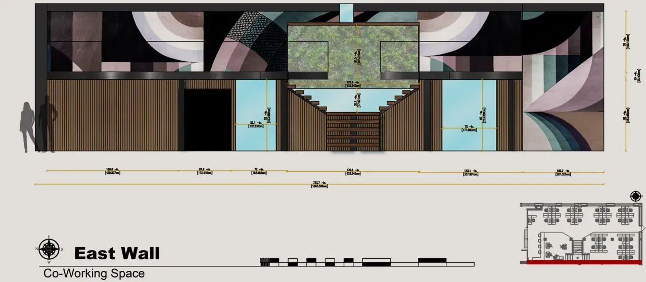 Wall section showing the material placement and distribution, along with dimensions and wall direction.